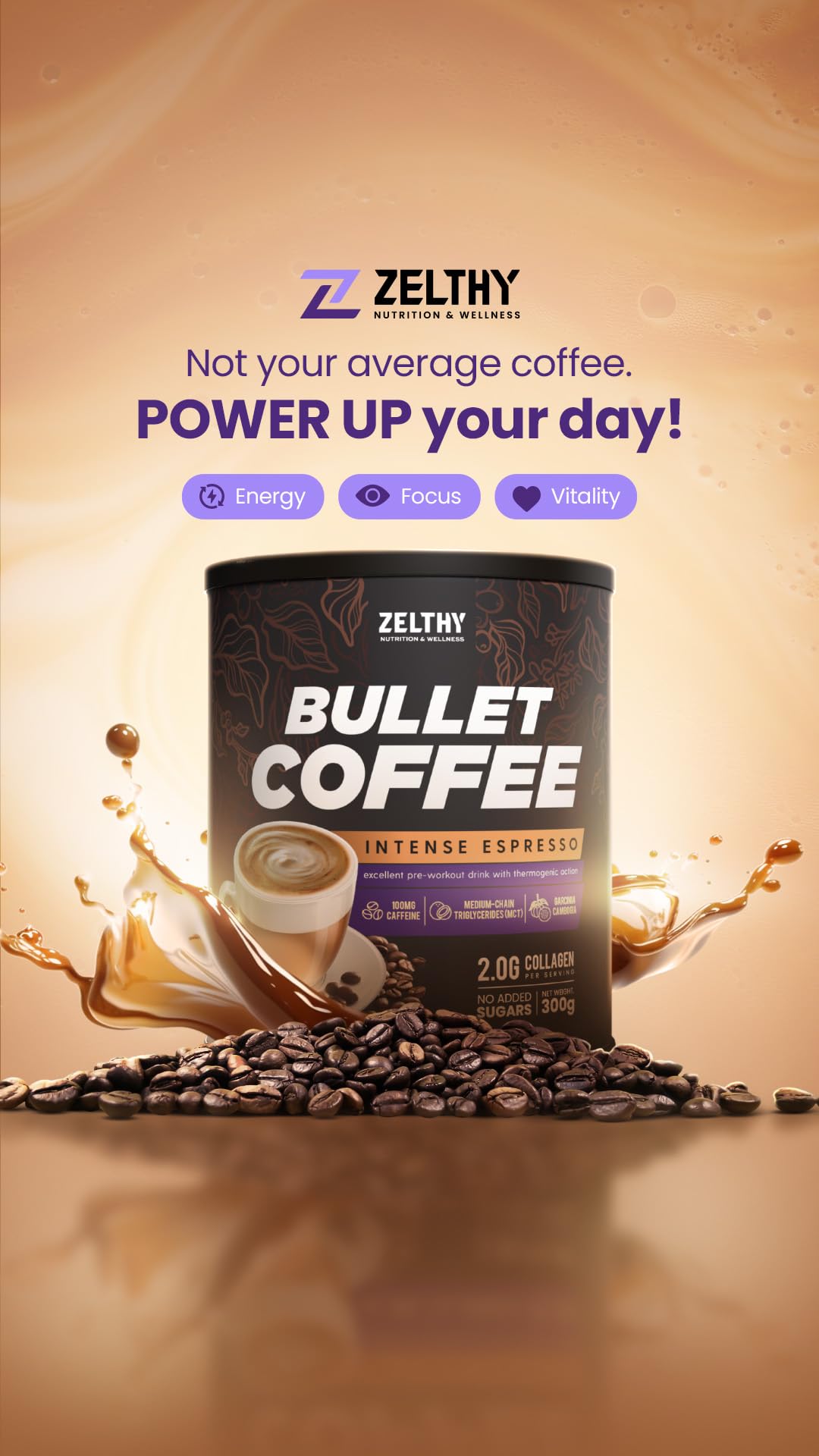 Zelthy Nutrition Bullet Coffee – Caffè funzionale con MCT, collagene e taurina – 300 g polvere senza zuccheri (Caramello salato)