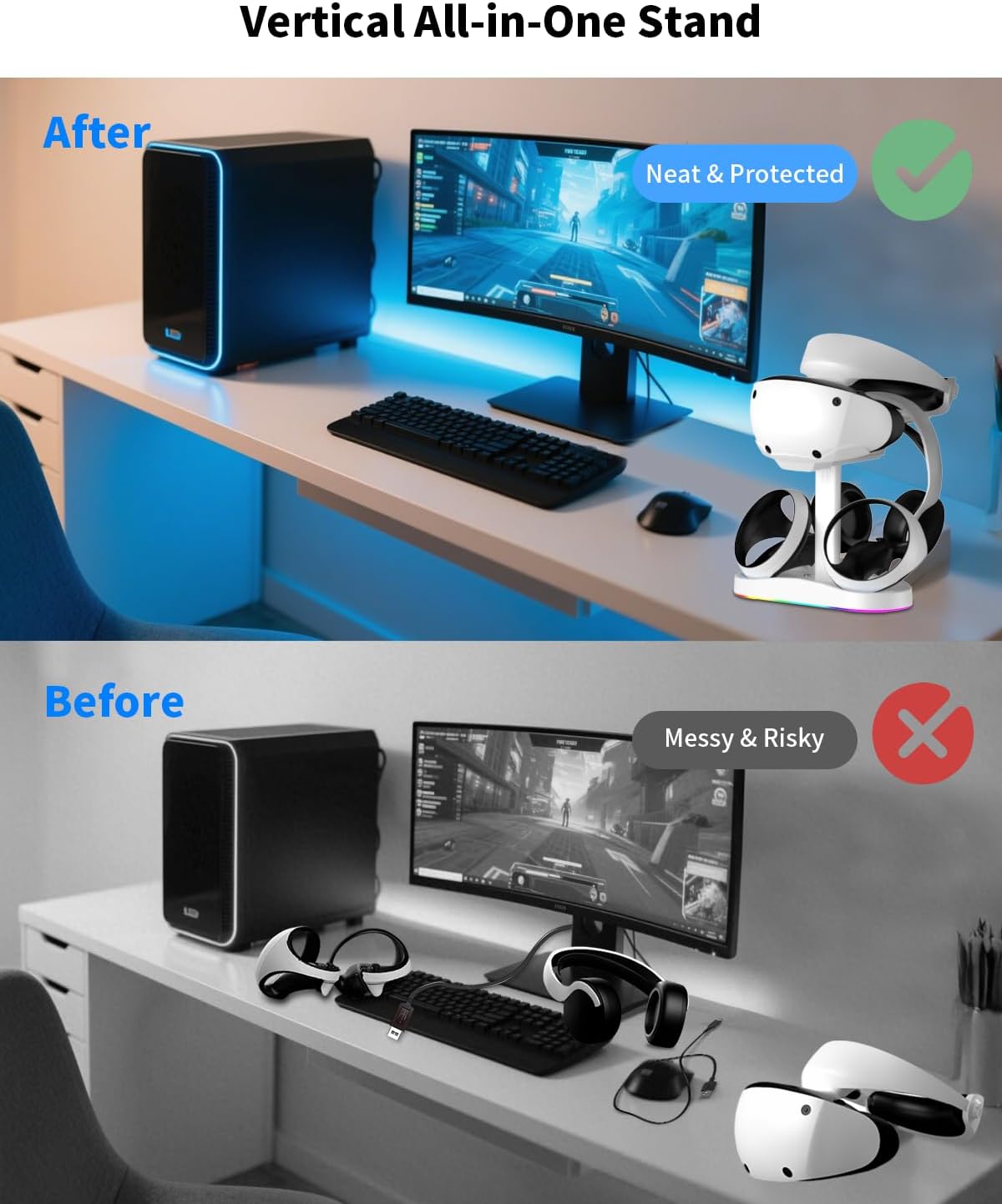 Charging Station for PSVR 2, Vertical PlayStation VR2 Headset Display Stand, Dual PSVR2 Controller Charging Dock with LED Indicator, 9 RGB Light Modes