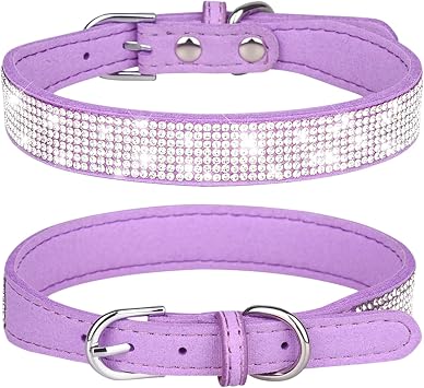 Rhinestone Dog Collar Soft Velvet Leather Cat Collars Cute Luxury Diamond Studded Bling Dog Collar Necklaces Adjustable Puppy Collar for Small Medium Large Dogs Cats Kitten Purple,XXS