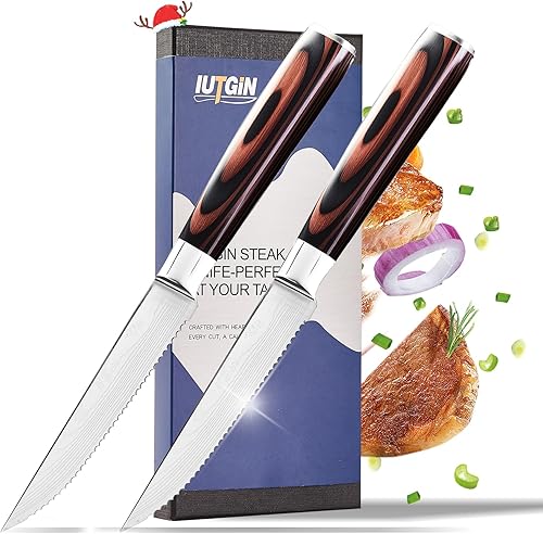 Miniatura 10 de Juego de 8 cuchillos de carne dentados con soporte magnético para cuchillos, cuchillo japonés de acero inoxidable de alto carbono y soporte