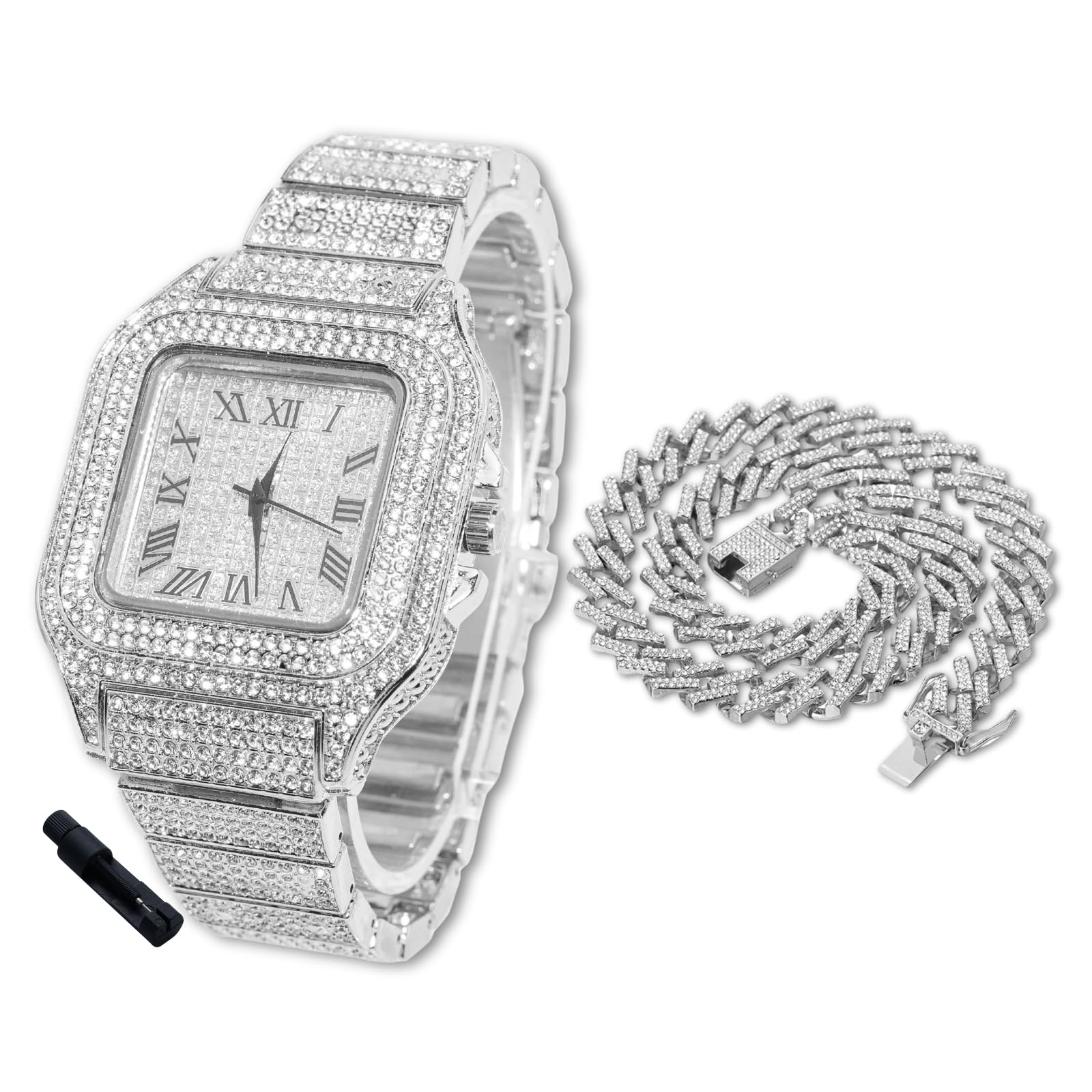 HALUKAKAH Iced Out Diamond Watch dla nastolatków - pozłacany 18-karatowym złotem / platyną, kwadratowa tarcza 40 mm, długość 20 cm, opcjonalnie z łańcuszkiem kubańskim i narzędziem do regulacji