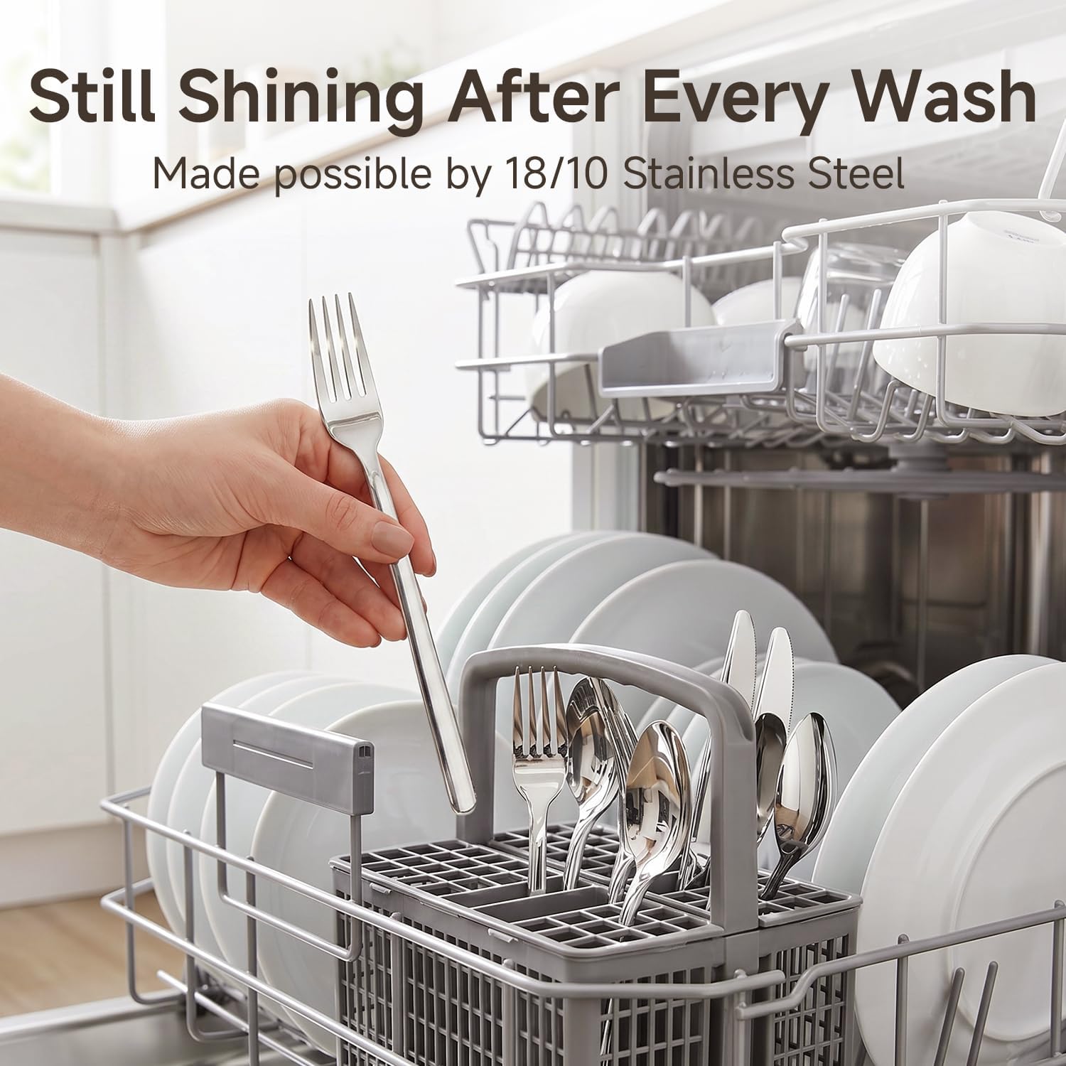 KINGSTONE 65 Piece Silverware Set with Serving utensils, Flatware Set for 12, 18/10 Stainless Steel Cutlery Set Mirror Polished Modern Design Dishwasher Safe