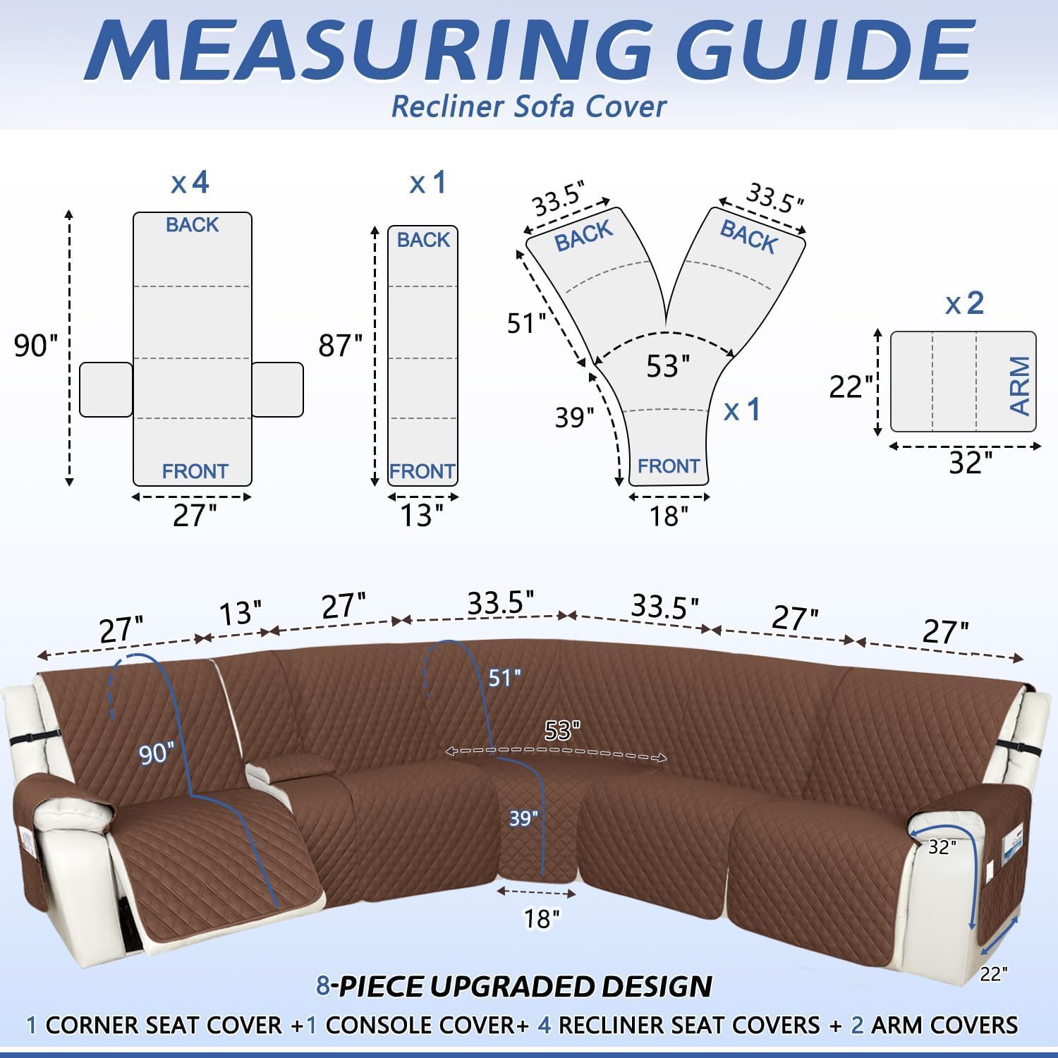 arfntevss recliner sectional couch covers 1oo% waterproof l shape sofa cover for reclining l shaped sectional slipcover dog washable corner non slip protector (xl 5 seater with 1 console, coffee) xl 5 seater with 1 console coffee