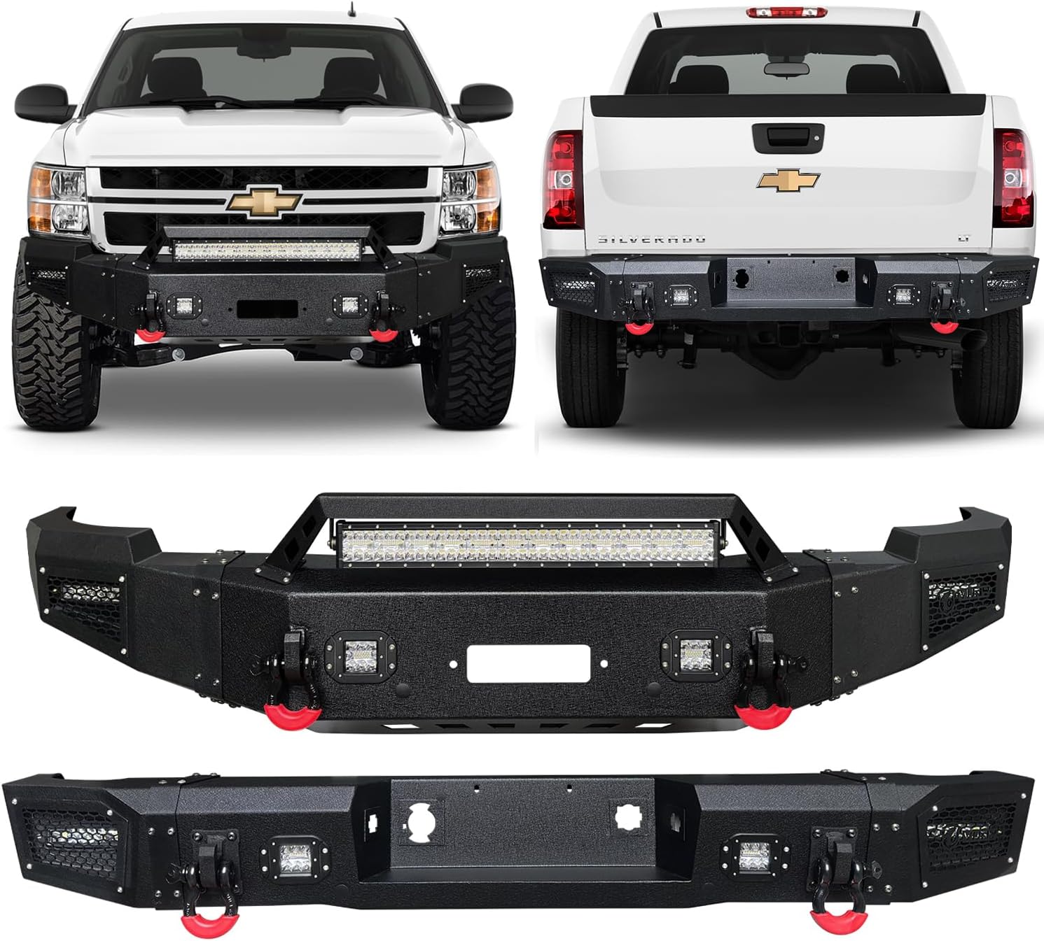 Front and Rear Bumper Texture black Compatible with 2011 2012 2013 2014 Chevy Silverado 2500/3500 w/Winch Plate and 9 LED Lights and 4 D-Rings