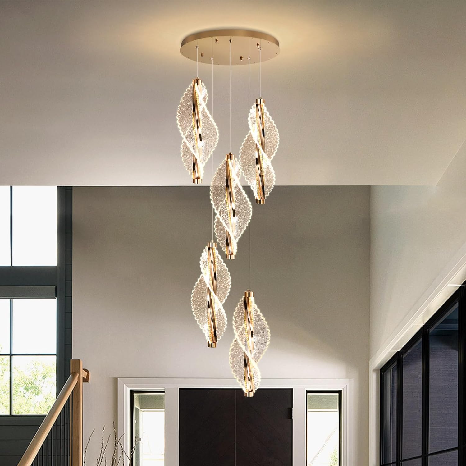 5-Light Gold Modern Chandelier Dimmable Light Fixture High Ceiling Chandelier for Foyer Acrylic Chandeliers Adjustable for Staircase Living Room Enterway Corridor LED Included