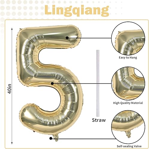 Miniatura 2 de Globo dorado champán con el número 5, globos de aluminio autoinflables grandes de 40 pulgadas del 0 al 9, globo de helio digital 5 dorado claro para