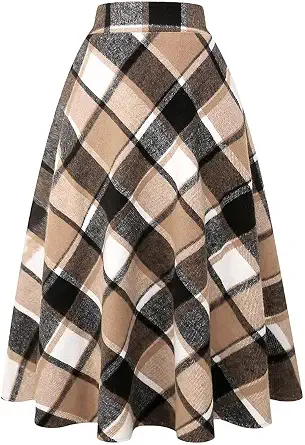  Womens Plaid Wool Skirts Elastic Waist A-Line Pleated Tartan Long Skirts
