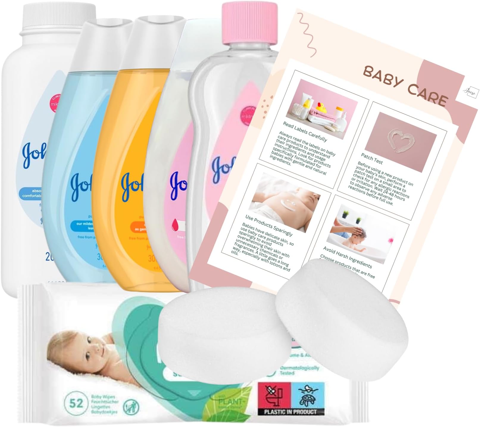 Baby Bath Bundle Set - Complete Newborn Care Kit - Baby Bath, Shampoo, Lotion (300ml), Oil (200ml), Powder (200g) and 52x Wipes Bundled with Sponges