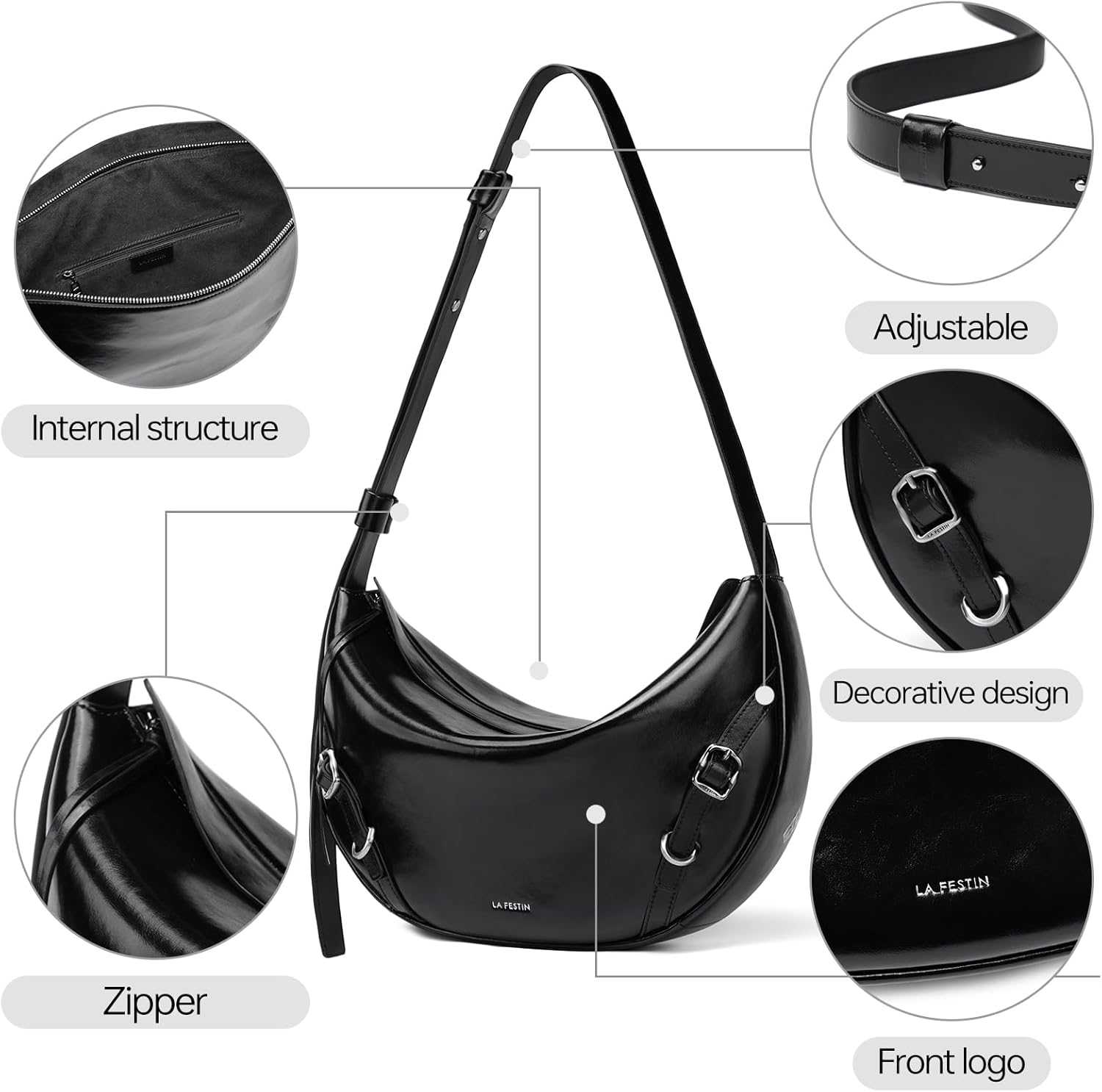LA'FESTIN Genuine Leather Hobo Bag for Women Split Leather Crescent Shoulder Bag Crossbody Purse with Adjustable Strap - Image 4