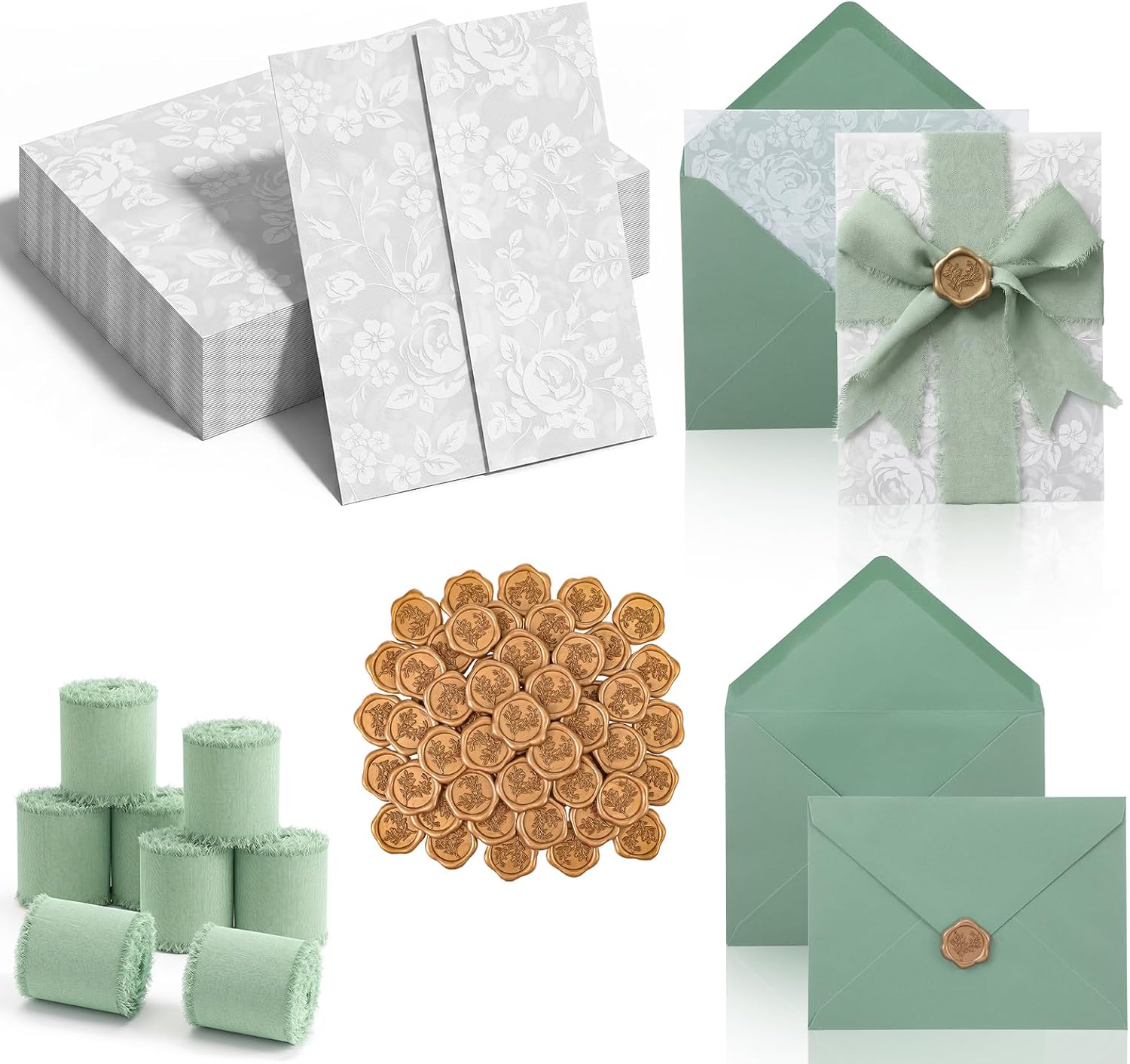 50 PCS Wedding Invitation Kit with Sage Green Envelopes, Vellum Jackets for 5x7 Cards, Gold Wax Seal Stickers, Chiffon Ribbons, DIY Bridal Shower Accessories, Bulk Set for Party Favors