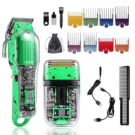 Transparent Men Hair Clippers & Foil Shaver, Clear Hair Cutting Kit Pro Hair Clippers for Men Professional Barber Clippers Cordless Beard Trimmer Hair Trimmer??�green??�