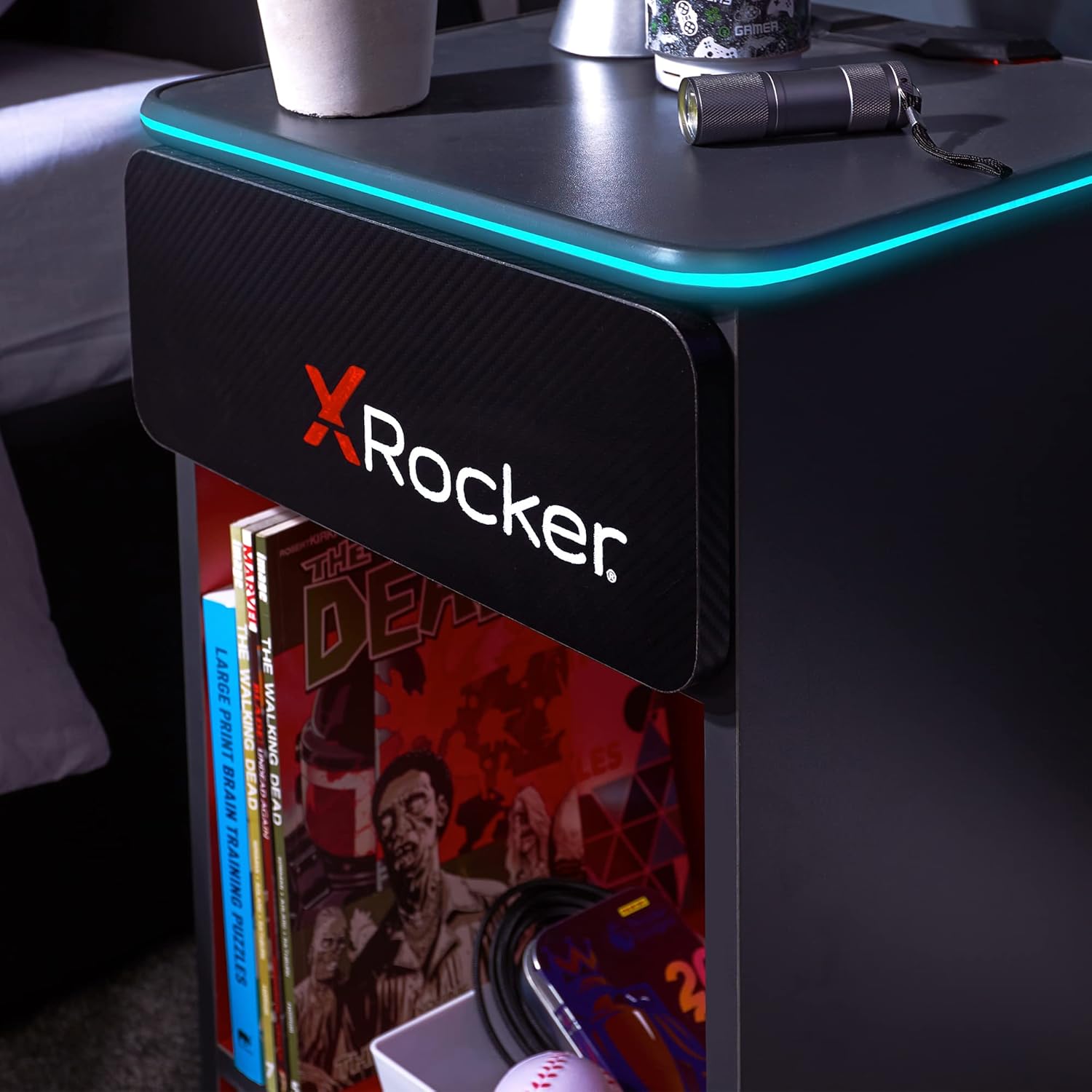 X Rocker Carbon-Tek Gaming Bedside Table with Built-in Wireless Charging Pad and Multi-Color LED Lighting, Single Sided Cabinet End Table with Drawer and Storage Shelf - Grey Carbon Fiber Effect