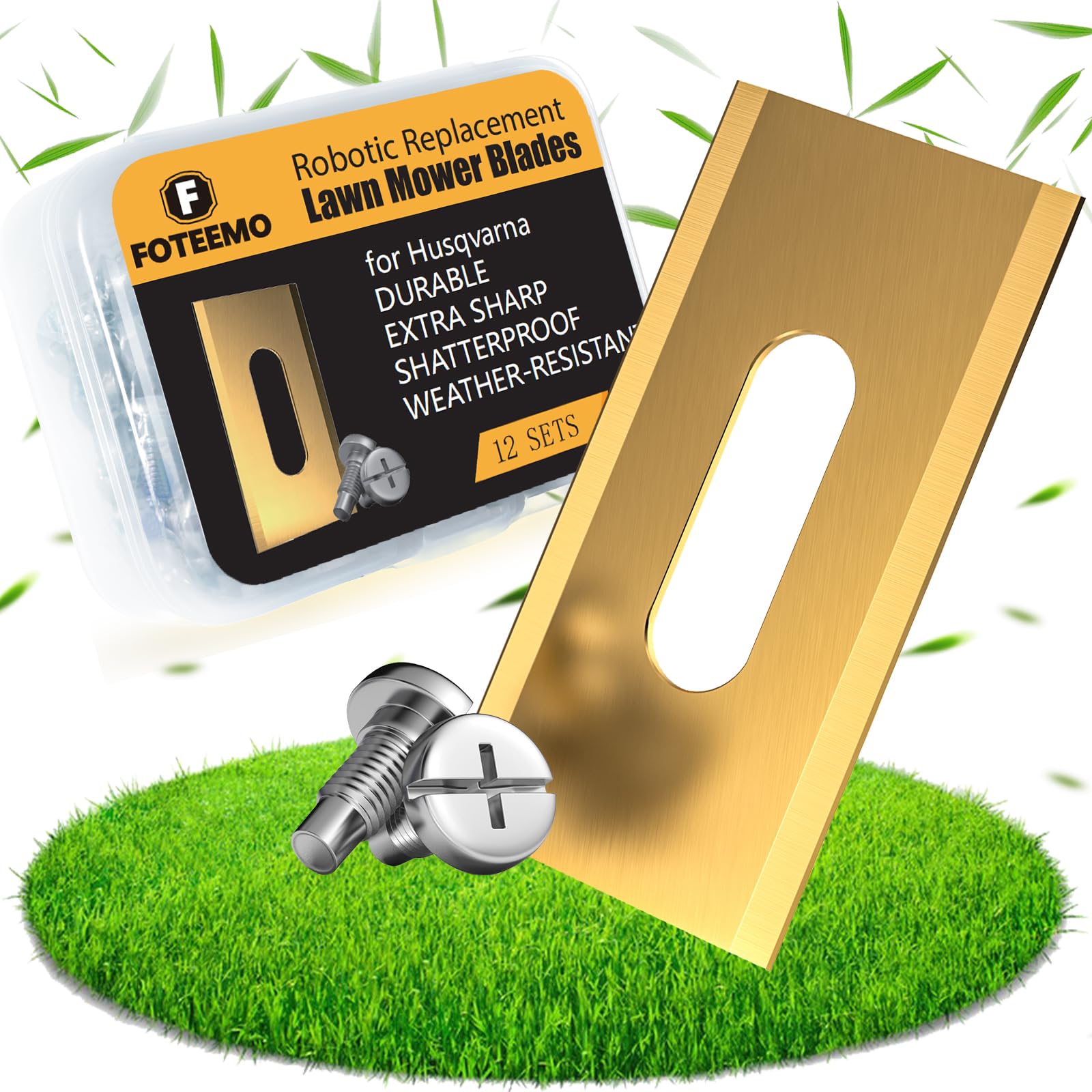 FOTEEMO Robot Mower Blades Compatible with Husqvarna, Lawn Mower Robot Blade Compatible with Gardena, Navimow, Titanium Coated Replacement Robotic Mower Blades, 12Pcs