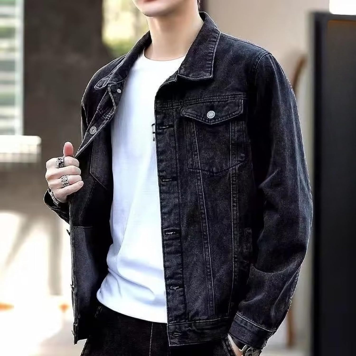 Men Distressed Work Lapel Denim Jacket Vintage Loose Street Work Jean Jacket Fall Classic Comfy Button Denim Outerwear