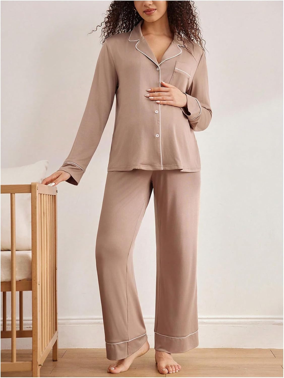 MakeMeChic Women's Maternity Pajama Set Button Down Shirt Pants Sleepwear