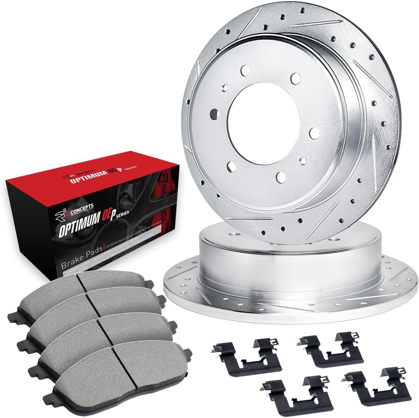 R1 Concepts Front Brake Kit For 1984-1985 Toyota 4Runner, 1981-1985 Toyota Pickup| Drilled Slotted Brake Rotors| Optimum OEP Brake Pads and Rotors Kit| Hardware included
