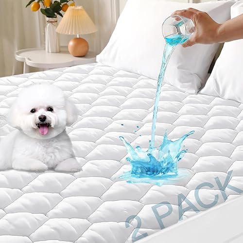MUXHOMO Paquete de 2 protectores de colchón Queen, 100% impermeables, acolchados, para cama tamaño Queen, sin ruido, suave y refrescante, bolsillo