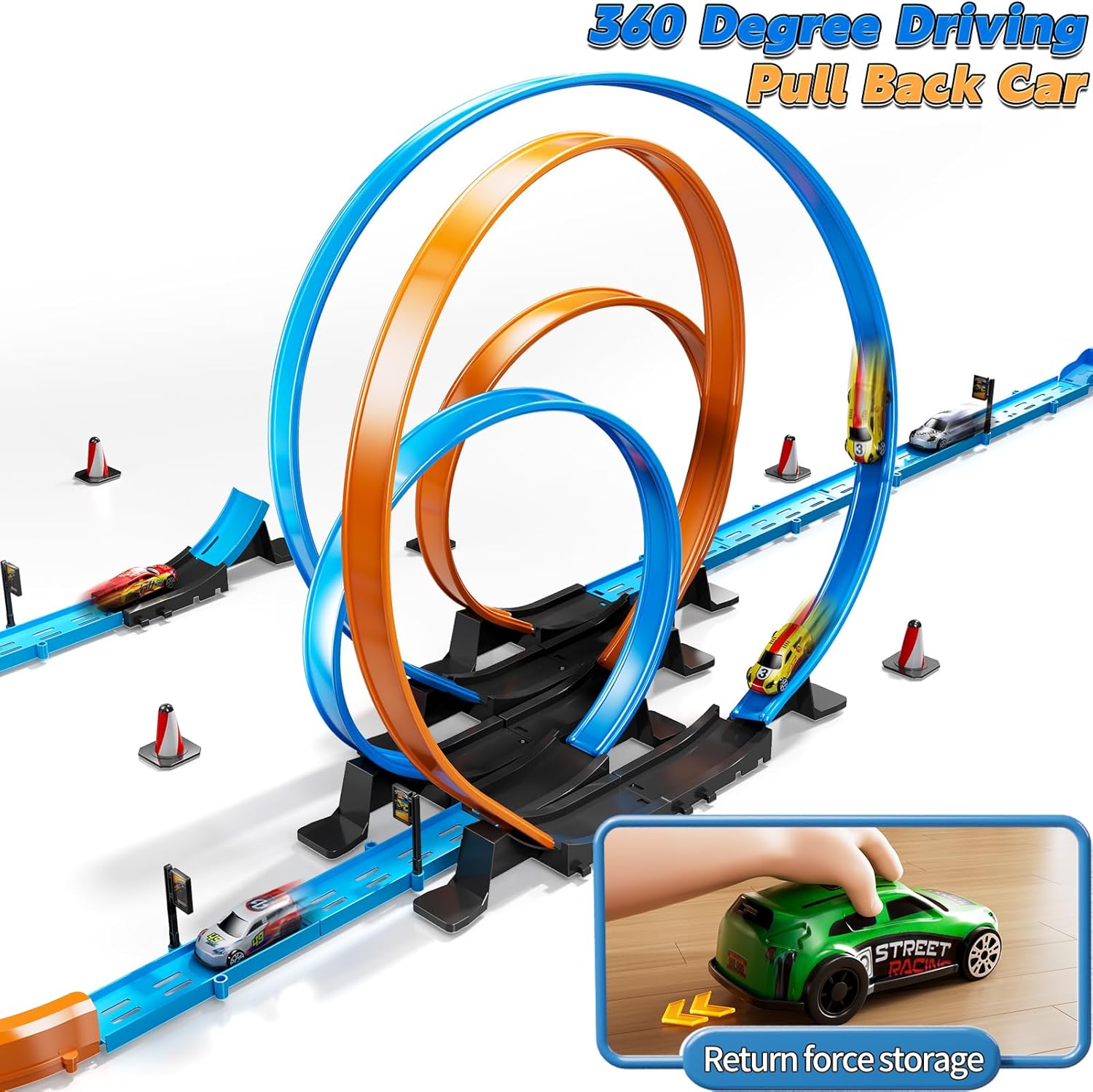 LILYBUDS Toy Car Race Track Set for Boys Kids Age 3-5 4-7, Race Tracks with 4 High-Speed Pull Back Race Cars and Crash Zones, Christmas Halloween Birthdays Gifts Toys for Boys Kids 4-6 8-12 Years Old