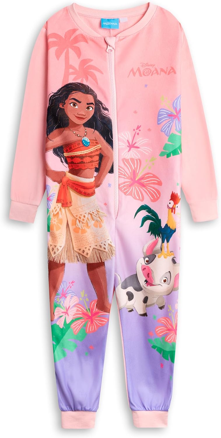 Disney Moana Girls Pink & Purple Zip-Up Onesie | Long Sleeve Microfleece Sleepwear