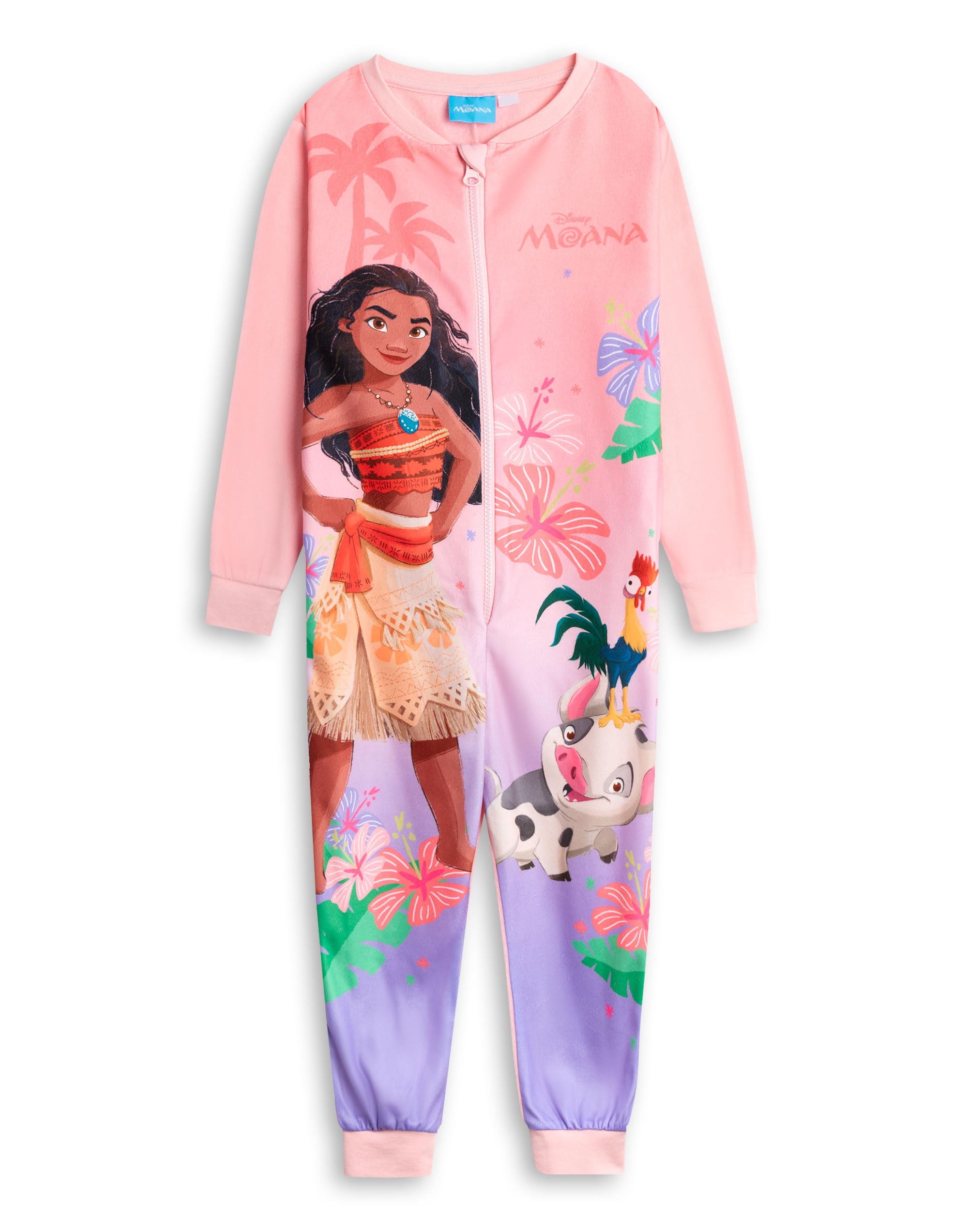 Disney Moana Girls Pink & Purple Zip-Up Onesie | Long Sleeve Microfleece Sleepwear & Loungewear | Character Pyjamas for Bedtime & Home | Kids Merch - 2-3 Years