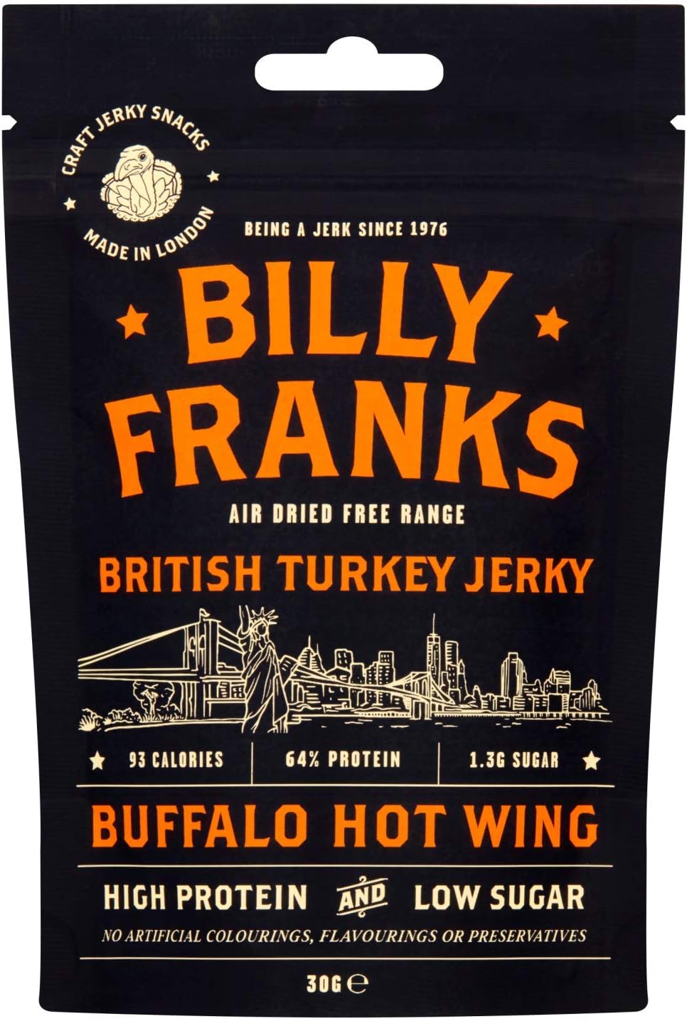 Billy Franks Paleo Turkey Jerky - Free Range - High Protein - Healthy Keto Snack - Biltong - Buffalo Hot Wing - 10 Packs x 30g