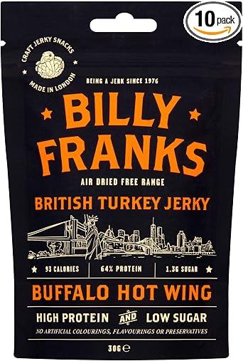 Billy Franks Paleo Turkey Jerky - Free Range - High Protein - Healthy Keto Snack - Biltong - Buffalo Hot Wing - 10 Packs x 30g