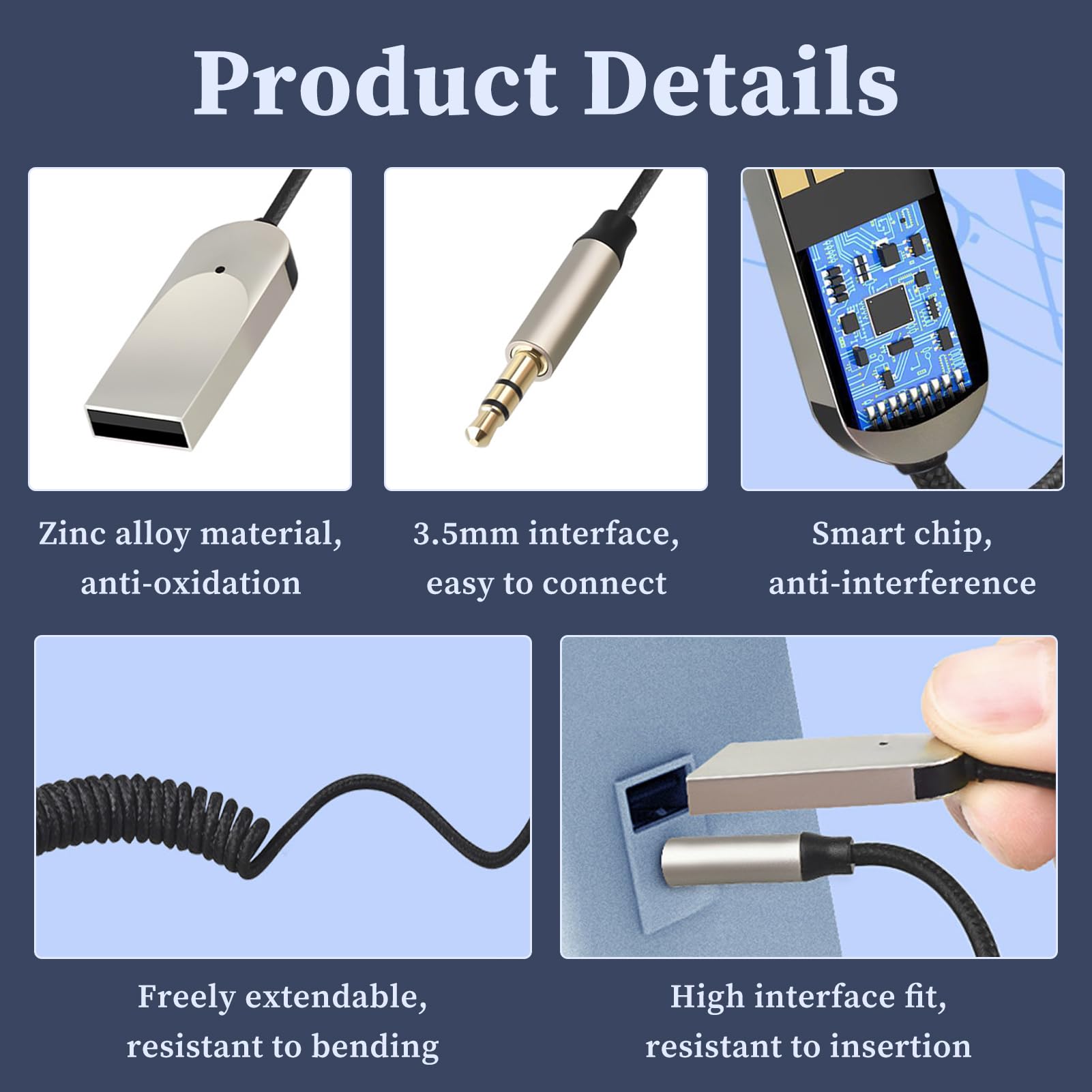 Ricevitore Bluetooth 5.4 per Auto con Jack 3.5mm, Adattatore AUX Bluetooth USB con Microfono, Audio Wireless per Auto, Vivavoce per Chiamate, Altoparlanti Stereo, Cuffie, Cavo Estensibile, Universale