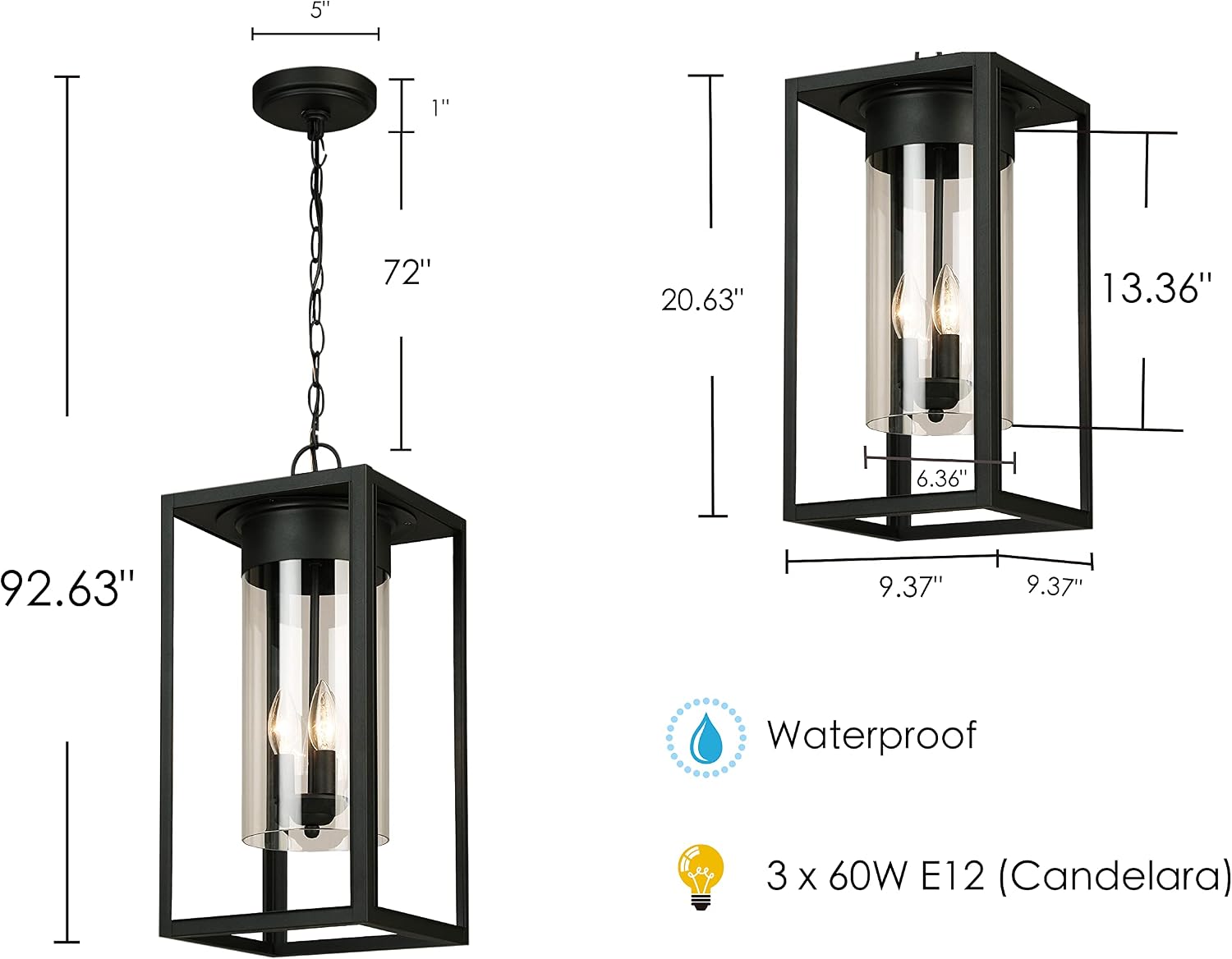 EGLO Walker Hill 3-Light Outdoor Pendant Ceiling Light Modern LED Dimmable Waterproof Metal Frame for Porch, Hallway, and Backyard, 20 in, Matte Black