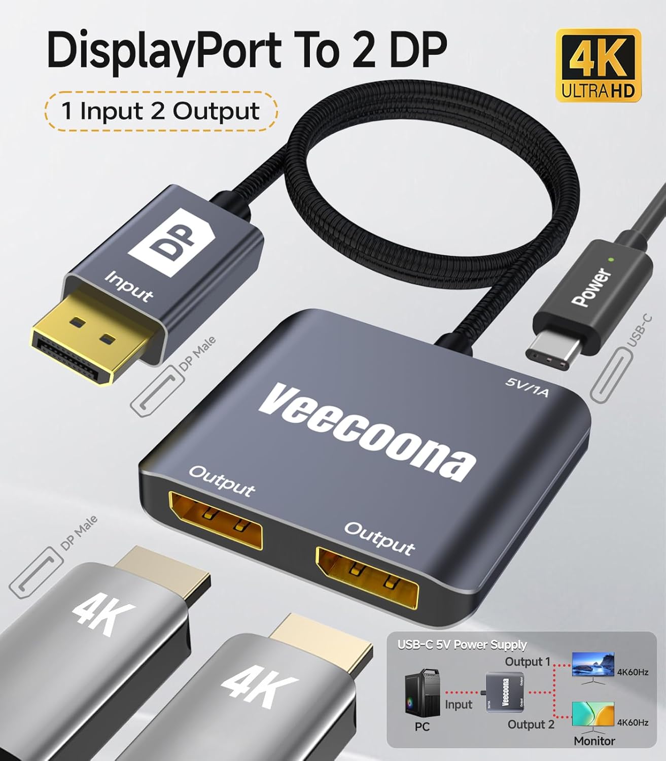 DisplayPort to Dual DisplayPort Splitter 1 in 2 Out | 4K60Hz, DP Source to DP Splitter Extended Display port splitter for Dual monitors, for Desktop,NVIDIA, AMD Graphics Card - MACOS Not Support MST