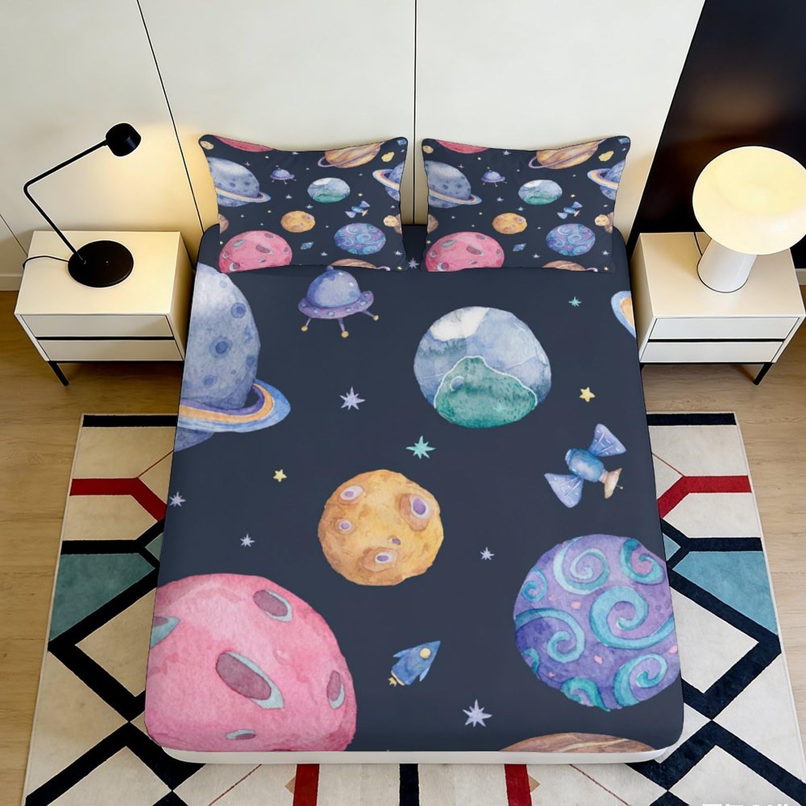 Pnayamiorkfel Style-8 3D Printed Space Planets Fitted Sheet Microfiber Soft Breathable Universe Rocket Mattress Cover For Bedroom Dorm Decor 90X200x25cm