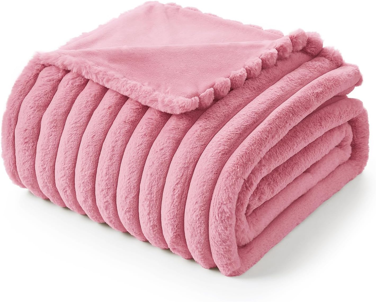 Amélie Home Faux Fur Throw Blanket for Couch, Cozy Fuzzy Fluffy Fur Luxurious Soft Striped Plush Gift Blankets for Family Sofa Chair Bedroom, 55"x70", Pink - Image 7