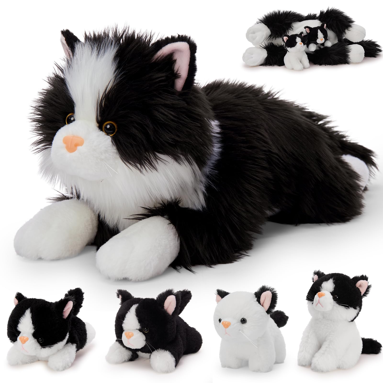MorisMos Gatto Peluche con Cuccioli nella Pancia, Realistico Gattino Pupazzo Giocattolo di Peluche Grande Morbido Kawaii, Carino Regalo per Bambini Ragazza Ragazzo Compleanno Natale (50cm)