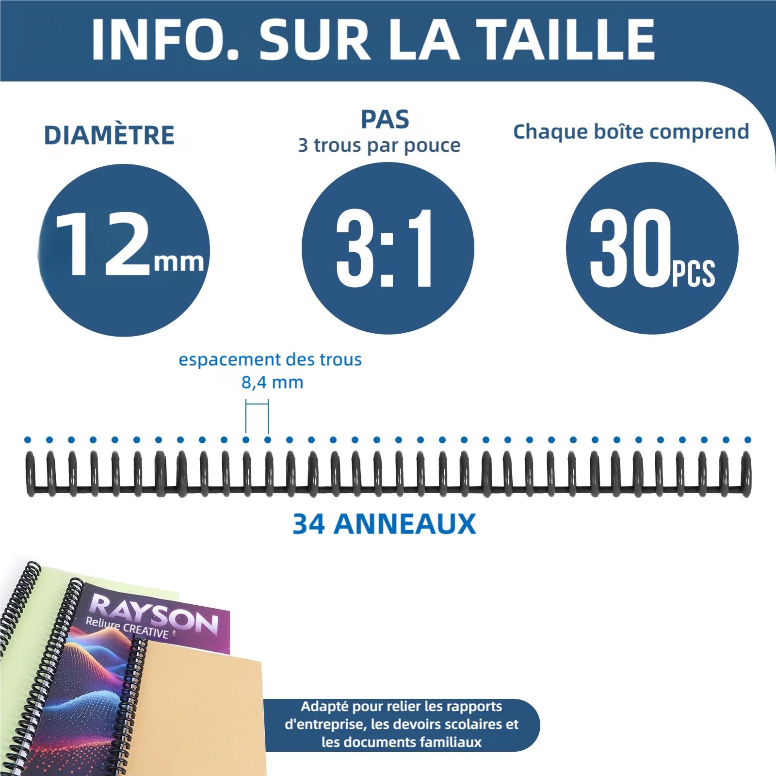 RAYSON Anneaux reliure plastique, A4, Reliures Jusqu'à 75 Feuilles, 12 mm, 34 Anneaux, Noir, Lot de 30