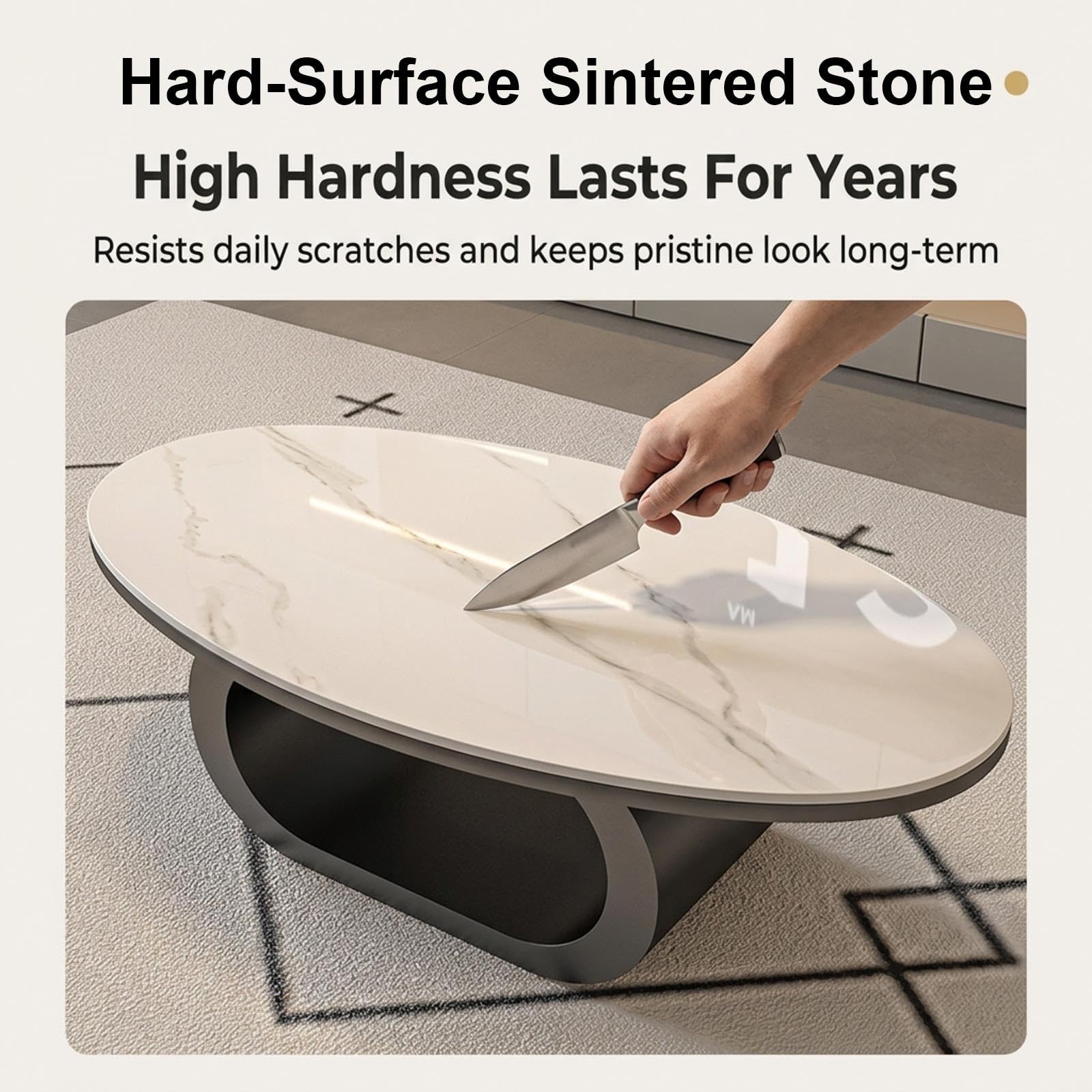 Mesa de Centro Ovalada, Diseño Moderno con Tablero de Piedra