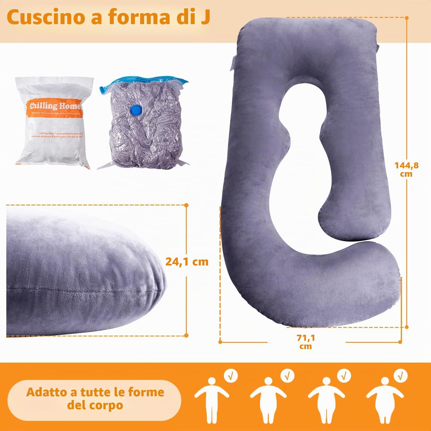 Chilling Home Cuscino Gravidanza, Cuscino per Chi Dorme Sul Fianco a Forma di J con Fodera, Cuscino a U,Cuscino per L'allattamento, Cuscino di Posizionamento Grande per donne,Grigio Blu