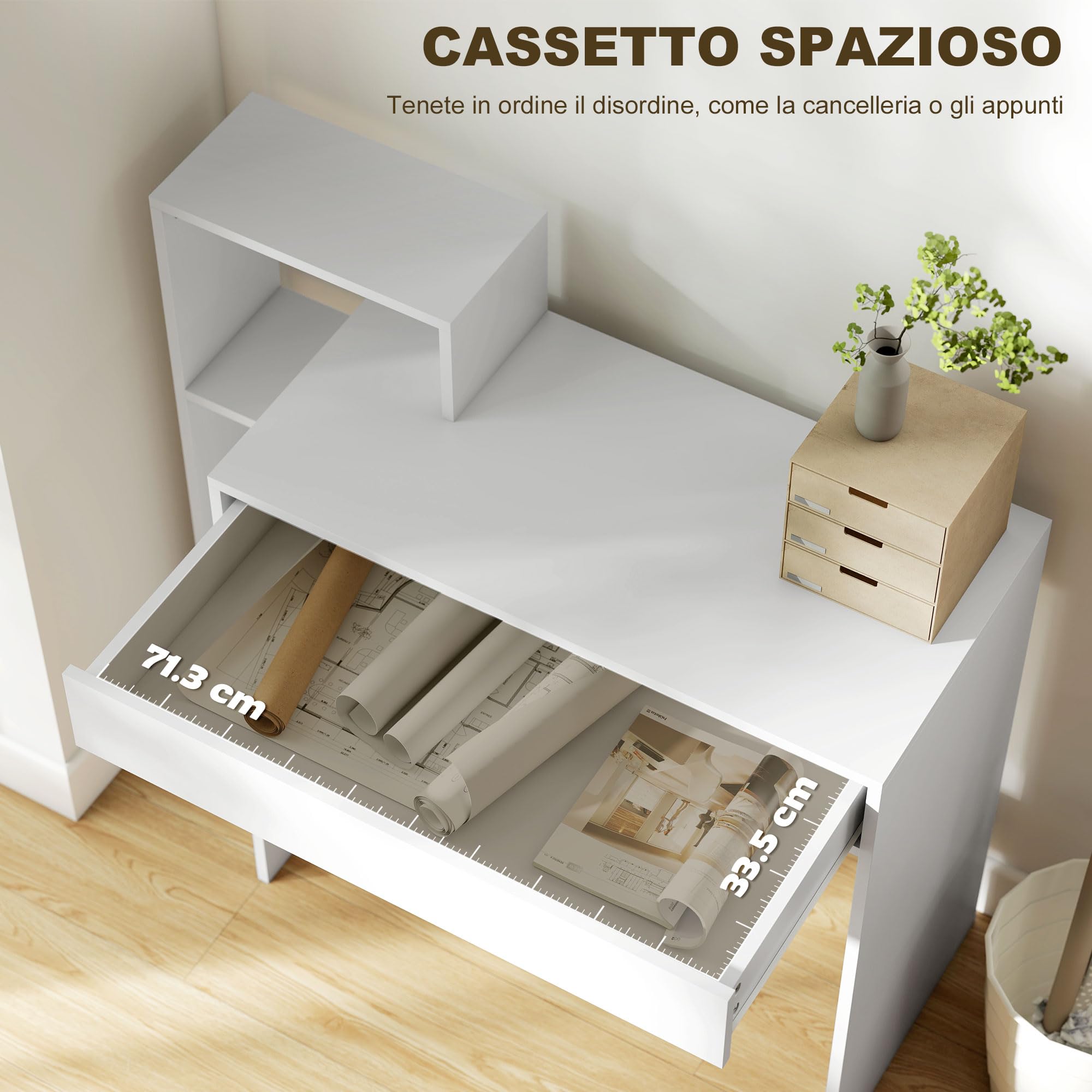 HOMCOM Scrivania Salvaspazio Moderna con 3 Ripiani Aperti e Cassetto Grande, Scrivania con Libreria in Legno, Tavolo Porta PC per Computer, per Ufficio, Studio e Camera da Letto, 100x40x90cm, Bianco