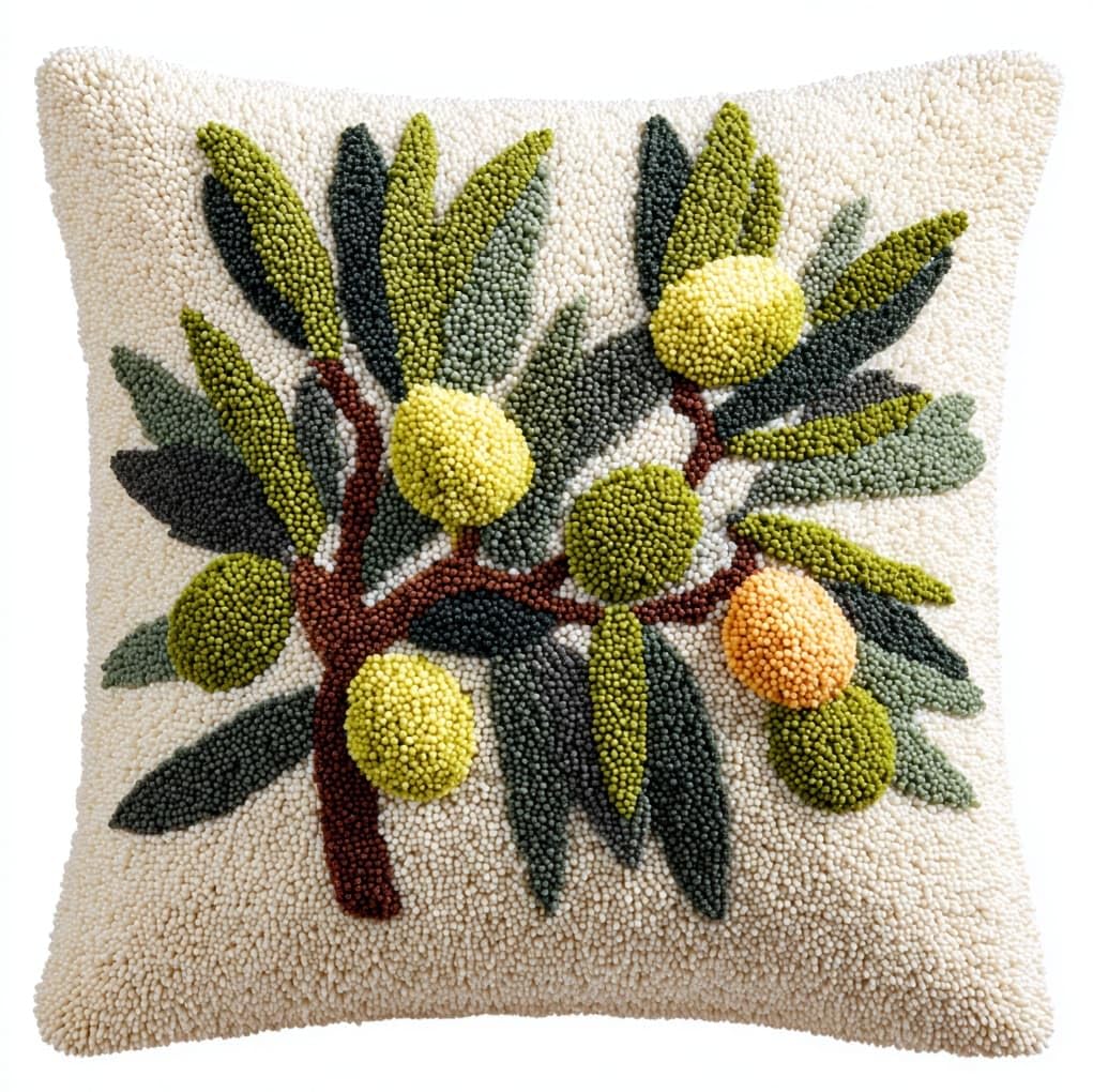 WallustrioaW Latch Hook Cushion Kits,Olive Branches and Fruits,Latch Hook Pillow Case Kits Embroidery Carpet Set,DIY Needlework Sofa Cushion,17x17in