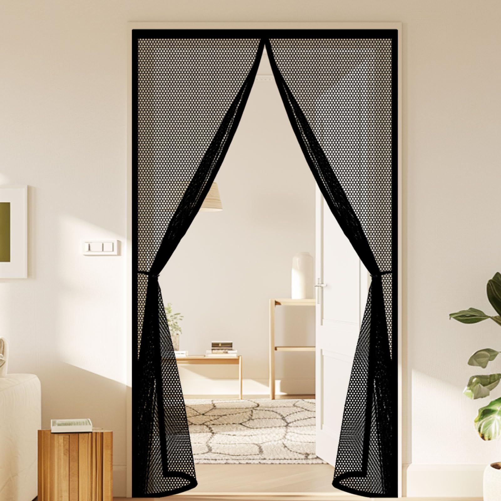 Magnetic Screen Door 98 x 205 cm Keep Insects Out Self-Sealing Powerful Magnets Mesh Door Screen Hands Free No Drill Installation for Patio Bedroom Sliding Kitchen, Black