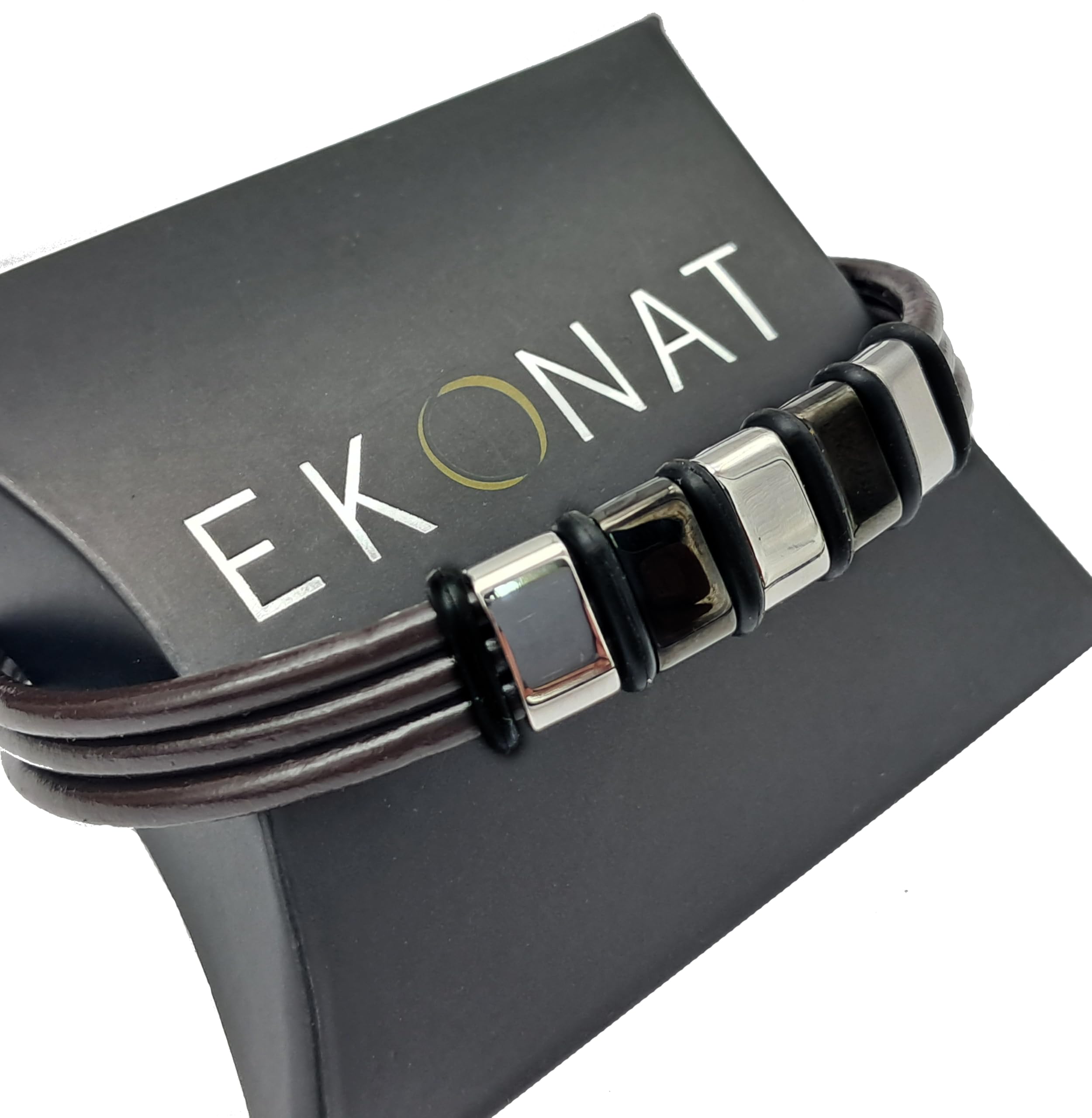 Ekonat- Pulsera hombre personalizada - Pulsera cuero hombre Personalizadas- Pulsera hombre acero inoxidable personalizada ajustable. CUERO DURADERO DE CALIDAD