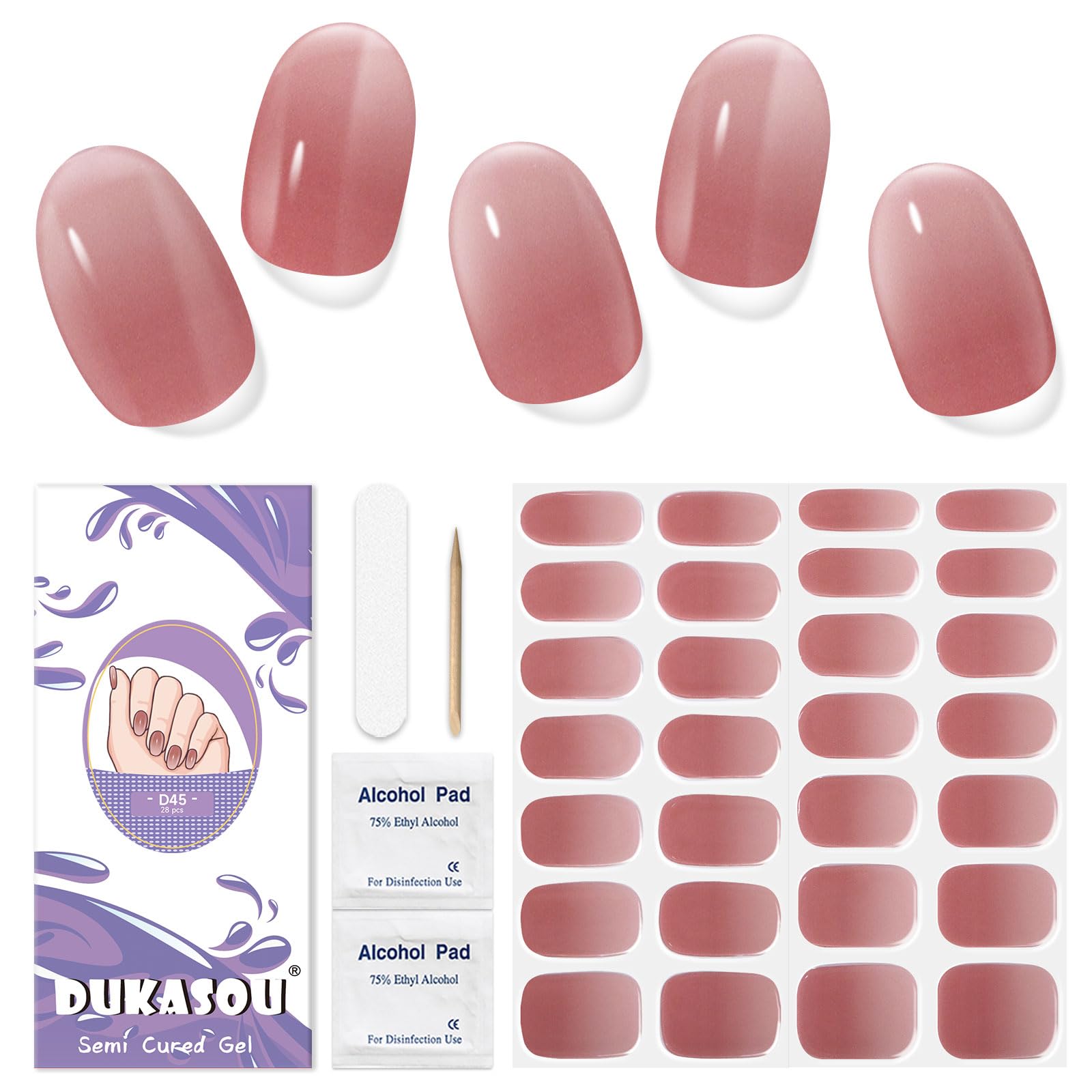 Semi Cured Gel Nail Strips, 28 pcs Gel Nail Stickers, Work with Any UV Lights, Long-Lasting Nail Wraps, Stick on Nails for Women Easy to Apply &