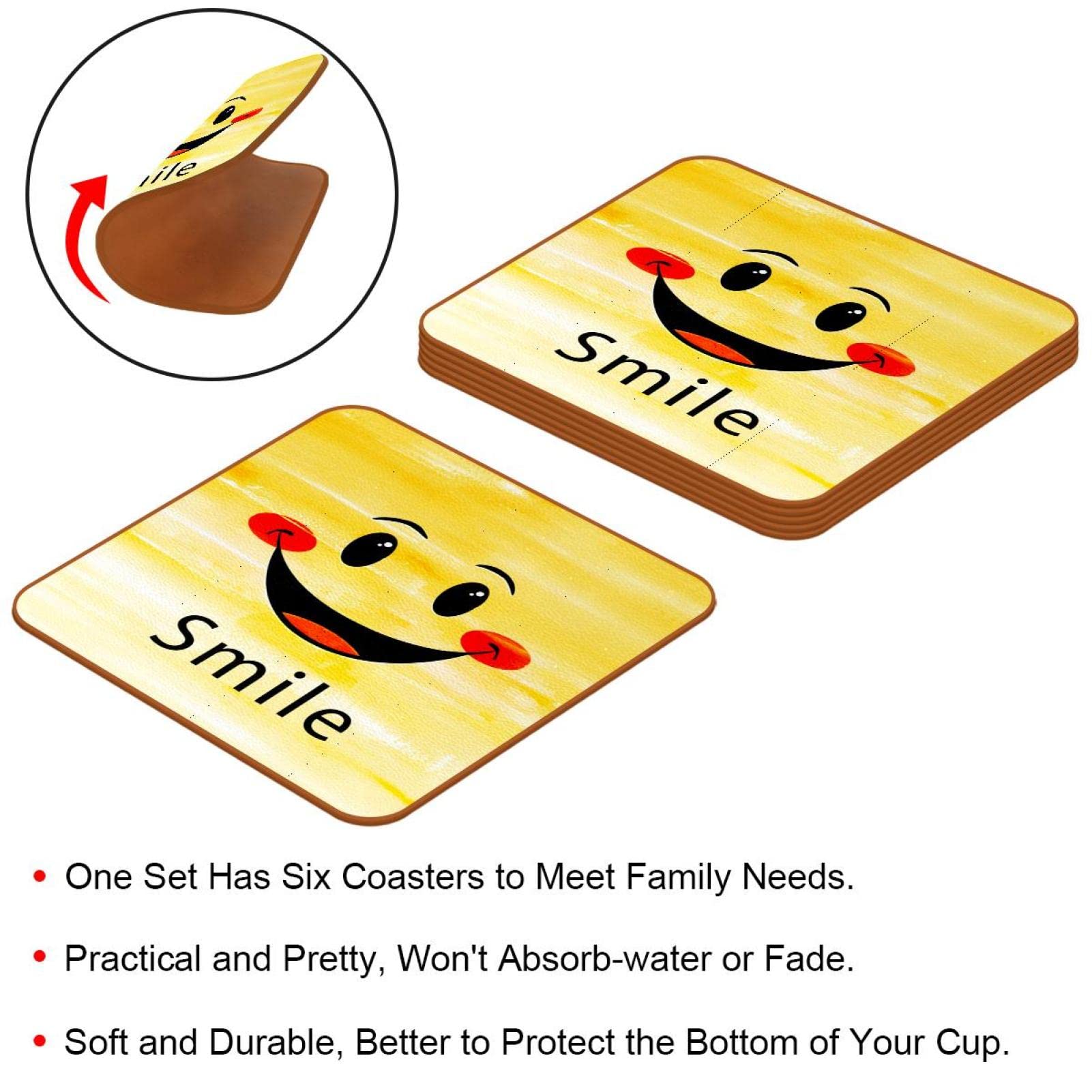 Set di 6 sottobicchieri divertenti con faccine di emoticon sorridenti gialle sorridenti, in pelle PU, regalo decorativo per inaugurazione della casa