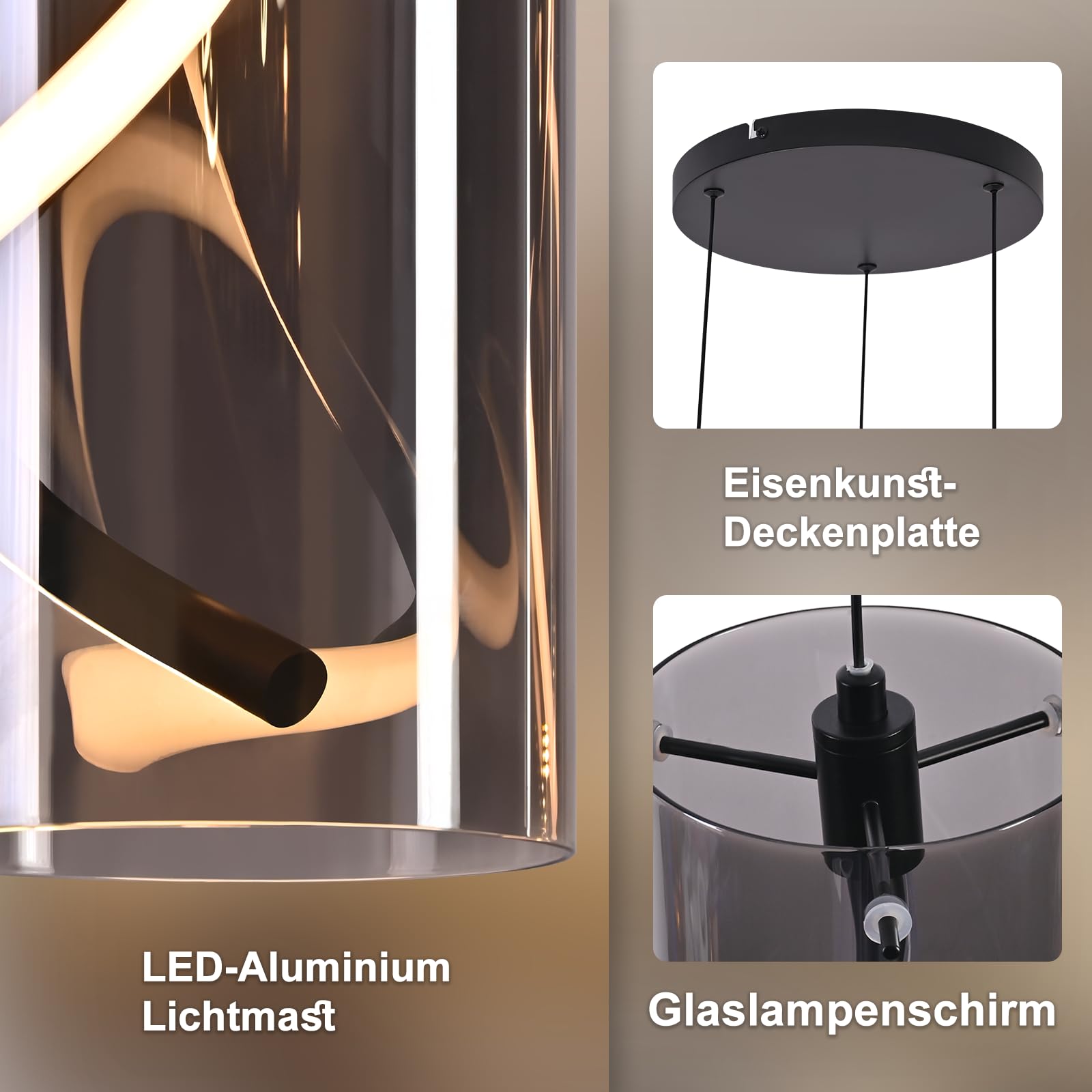 LED Hängelampe Esstisch 3-flammig, 33W Hängelampe aus Rauchglas | Höhenverstellbare Pendellampe Vintage Industrial, Warmweiß 3000K, Moderne Esstischlampe für Esszimmer, Küche und Wohnzimmer