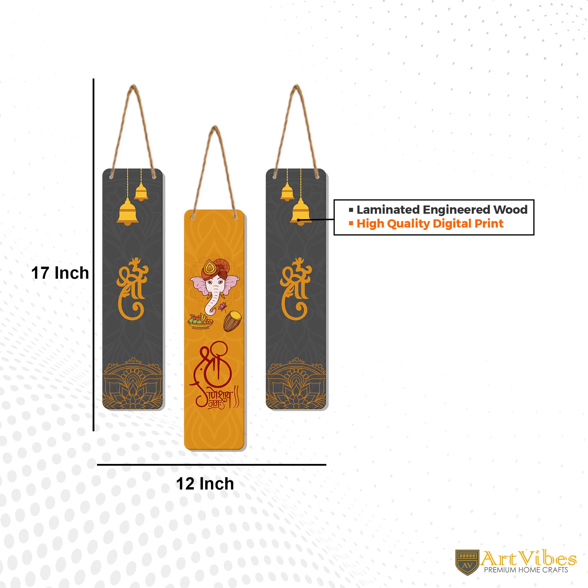 Artvibes Auspicious Shri Ganesh Auspicious Wooden Art Work Wall Hanging | Spiritual Decor Items | Wall Sculpture | Signs & Plaques| Stylish Modern Decor Item | Gift Items (WH_8109N), Set of 3 4