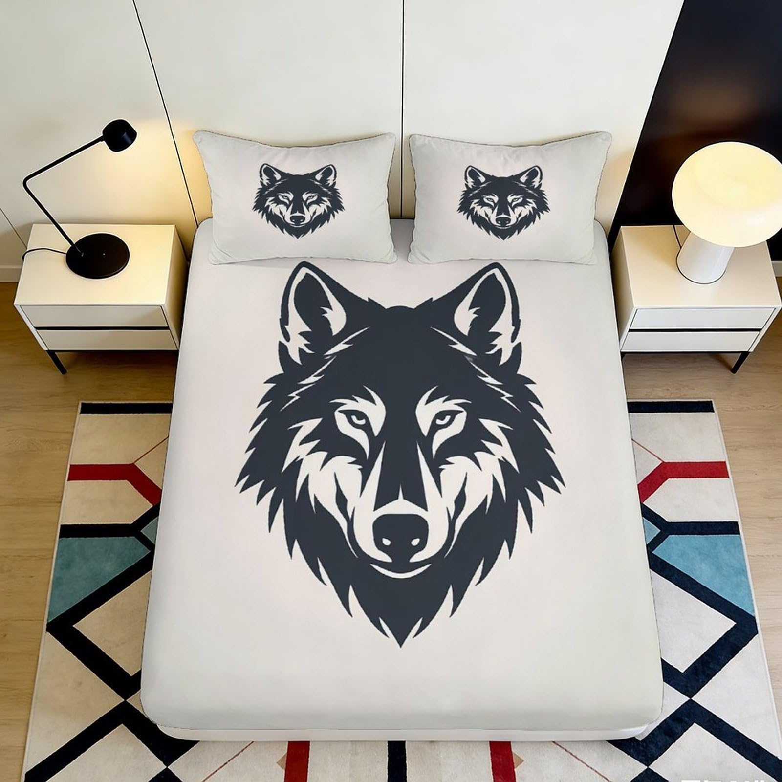 3D Printed Wolf Head Fitted Sheet Microfiber Soft Breathable Wolf Face Bed Cover for Bedroom Dormitory Guest Room Mattress Protection Decor 120x200x25cm