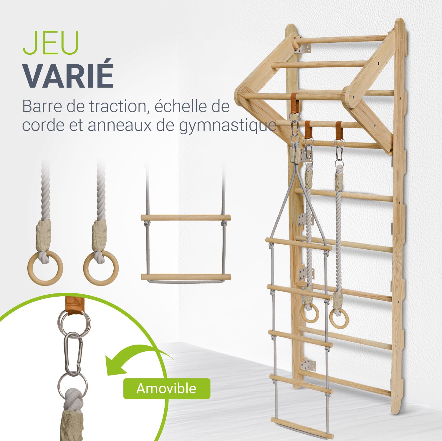 Juskys Espalier pour Enfants - avec Barre de Traction, Structure d'escalade intérieure avec Anneaux de Gymnastique et échelle de Corde, Mur d'escalade pour Chambre d'enfant, Barre de Sport