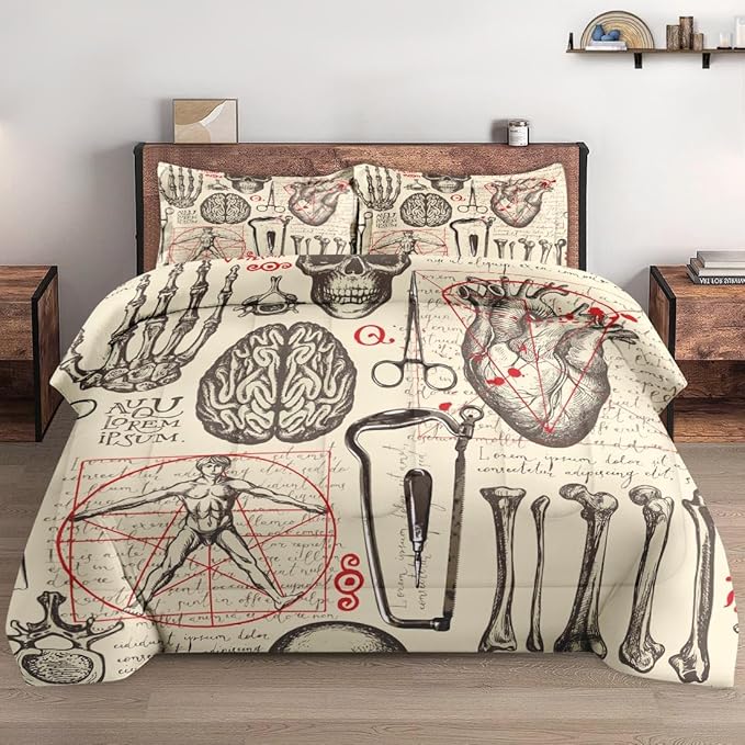 Queen Size Comforter Set with 2 Pillowcases, Vintage Science Anatomy Soft 3 Pcs Bedding for Kids and Adults Bedroom Bed Decor
