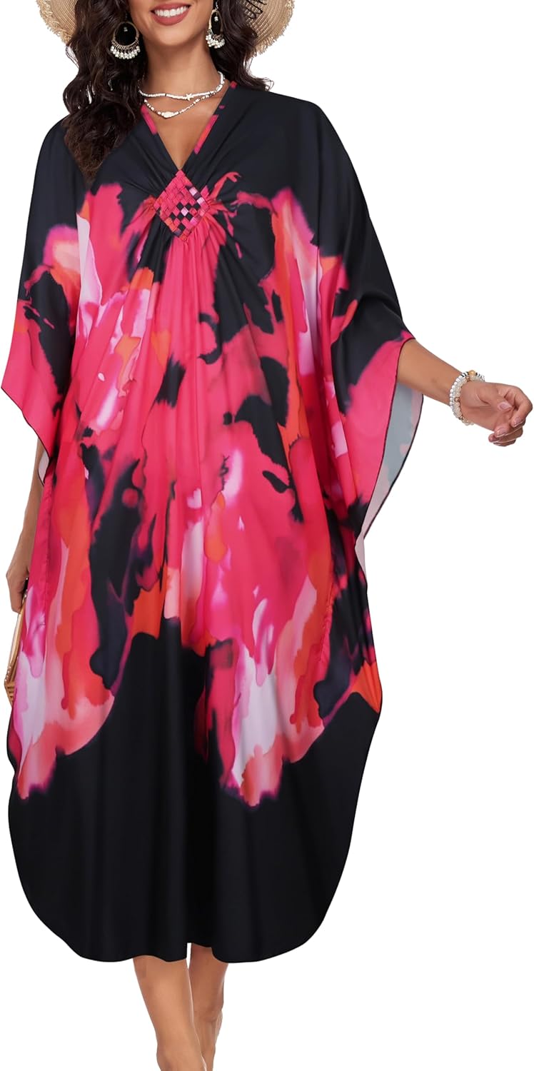 Kaftan Dresses for Women Plus Size V Neck Caftans Long Batwing Sleeve Beach Cover Ups Summer Floral Print Dress - Image 4