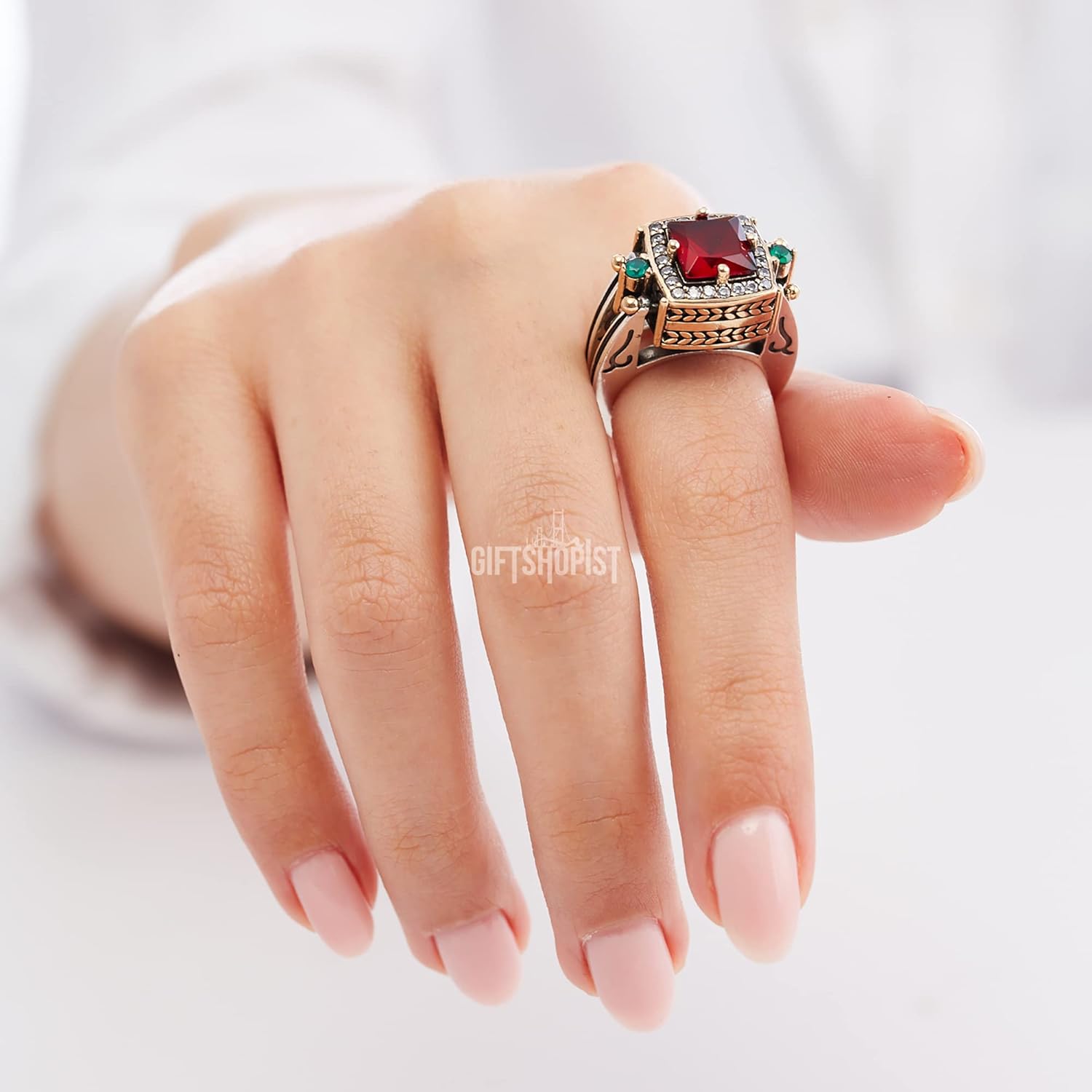 Elegant Reversible 925 Sterling Silver Ring for Women Jewelry - Handcrafted in Turkey, Featuring Square Cut Ruby Emerald Jade Topaz 925 Sterling Silver Ladie's Ring All Size