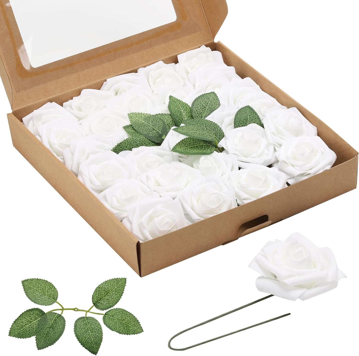 30 Pcs Artificial Flowers White Fake Roses Faux Flowers with Stems for