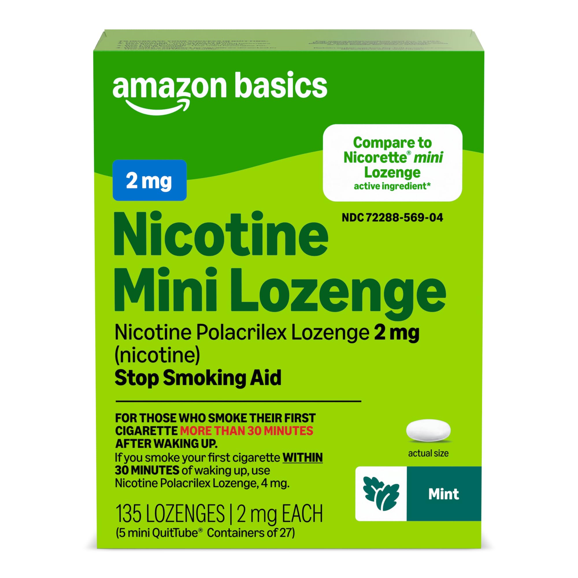 Amazon Basics Mini Nicotine Polacrilex Lozenge, 2 mg (Nicotine), Mint Flavor, 135 Count, (Previously Amazon Basic Care)